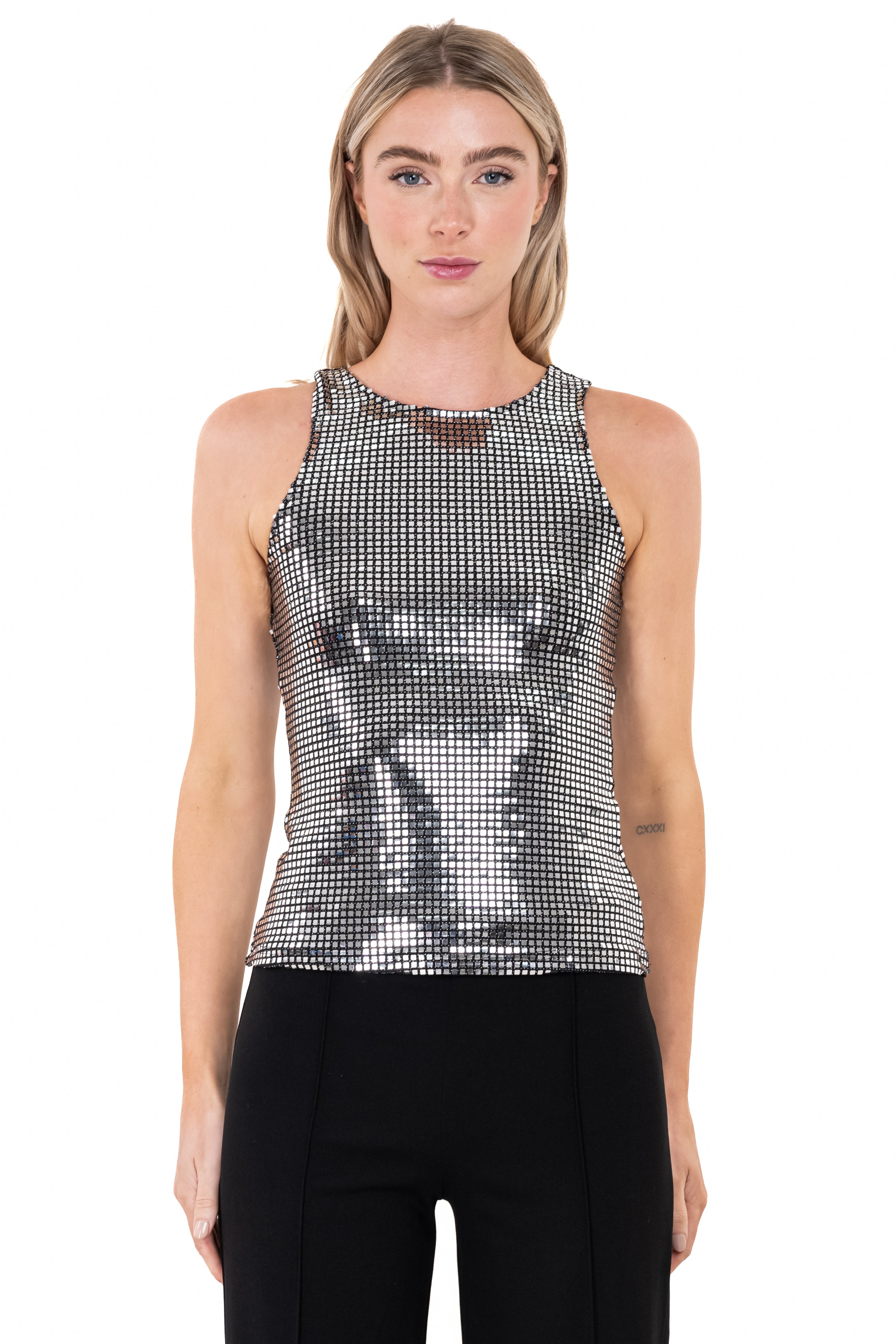 Metallic Sequin Round Neck Top SILVER