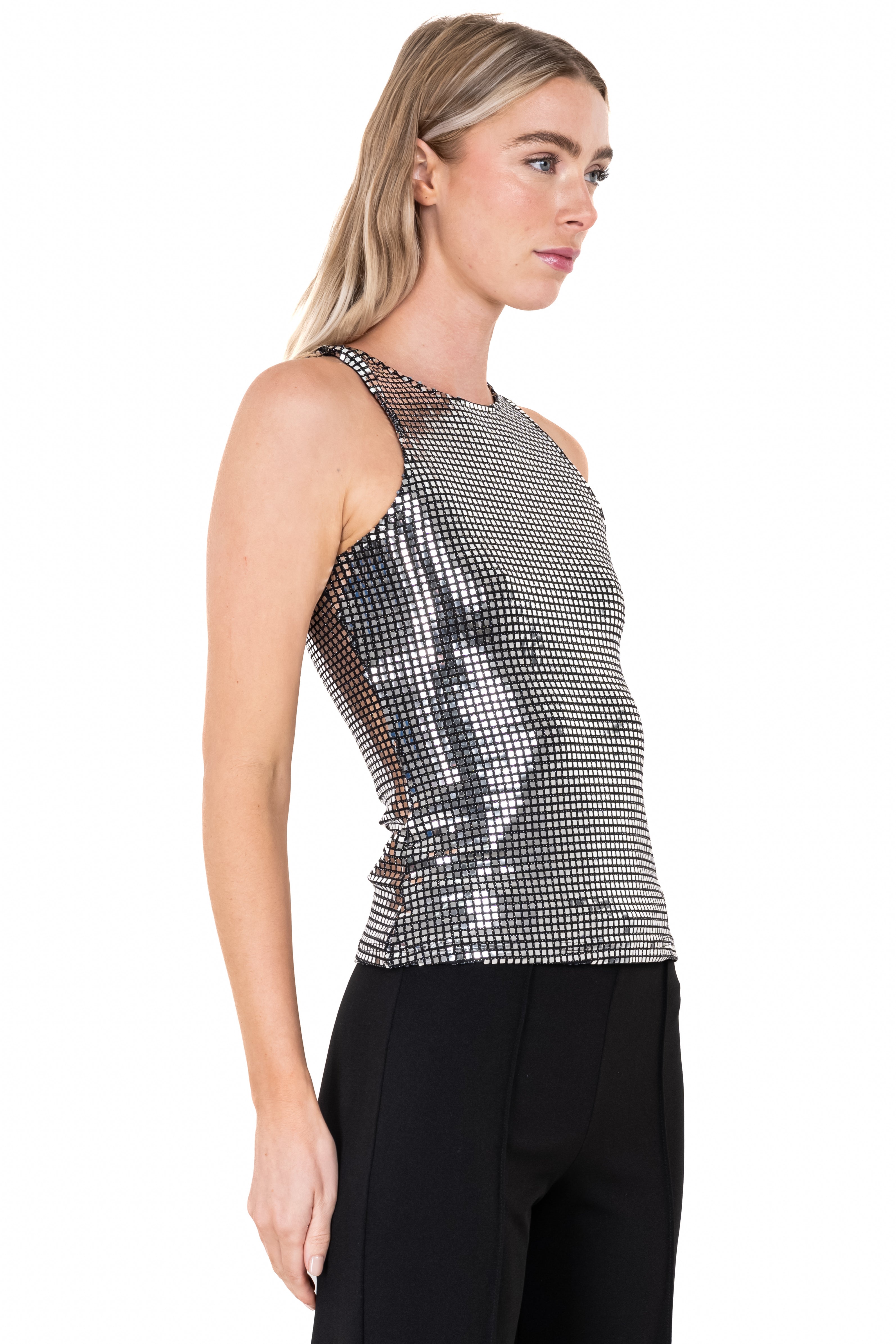 Metallic Sequin Round Neck Top SILVER