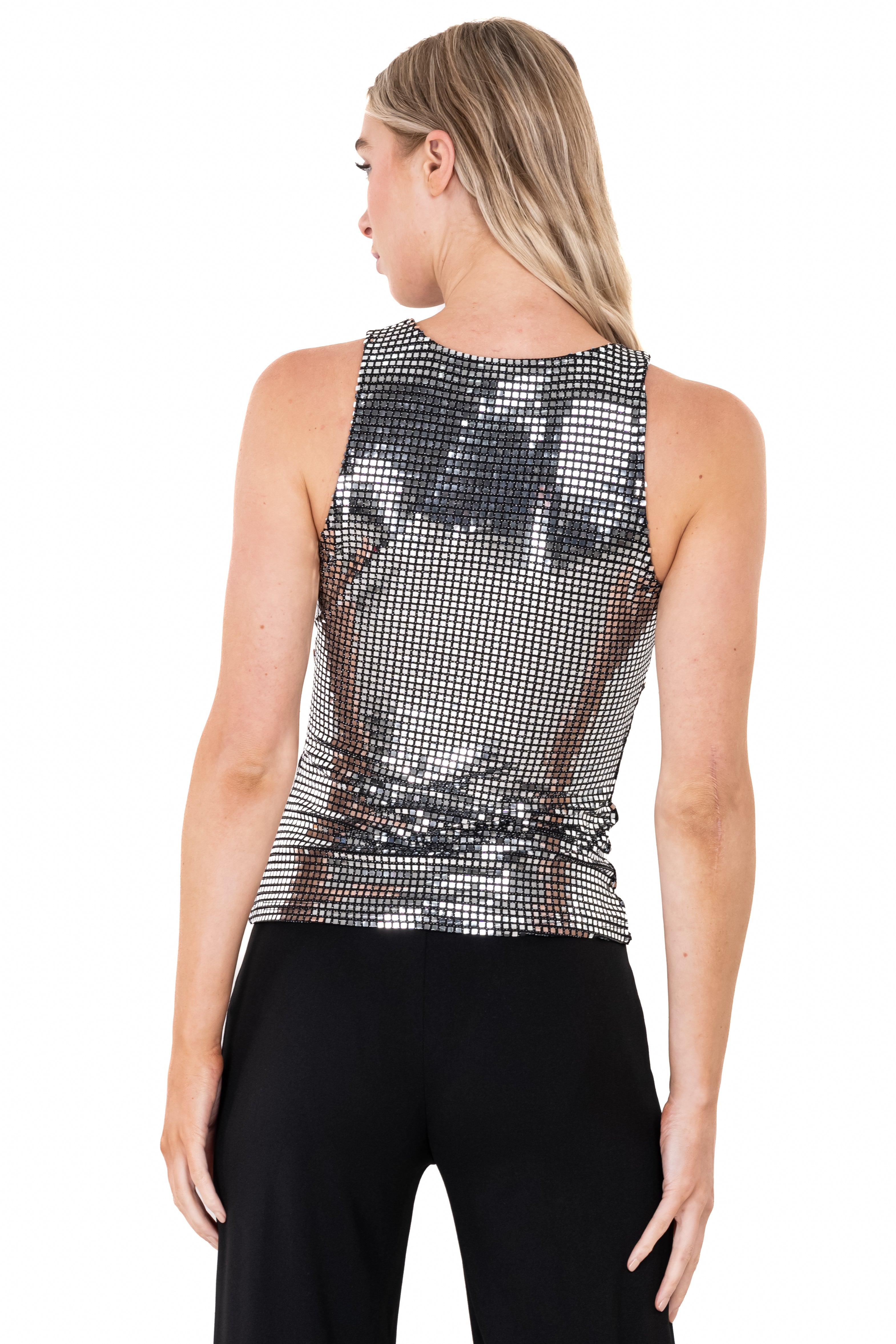 Metallic Sequin Round Neck Top SILVER