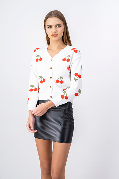 Cherry Print Front Button Cardigan WHITE COMBO