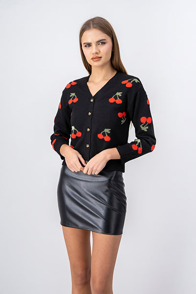 Cherry Print Front Button Cardigan BLACK COMBO