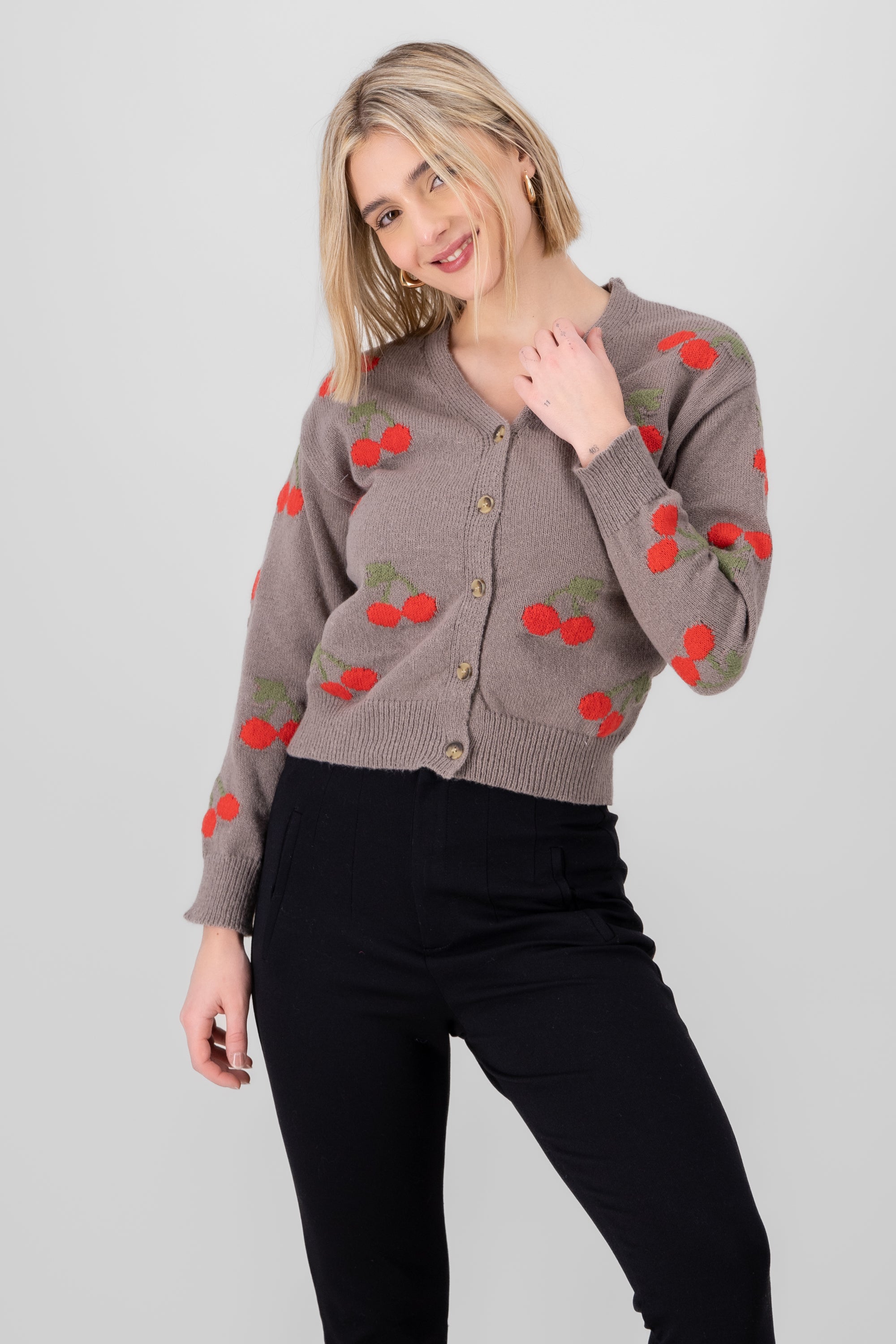 Cherry Print Front Button Cardigan GRAY COMBO