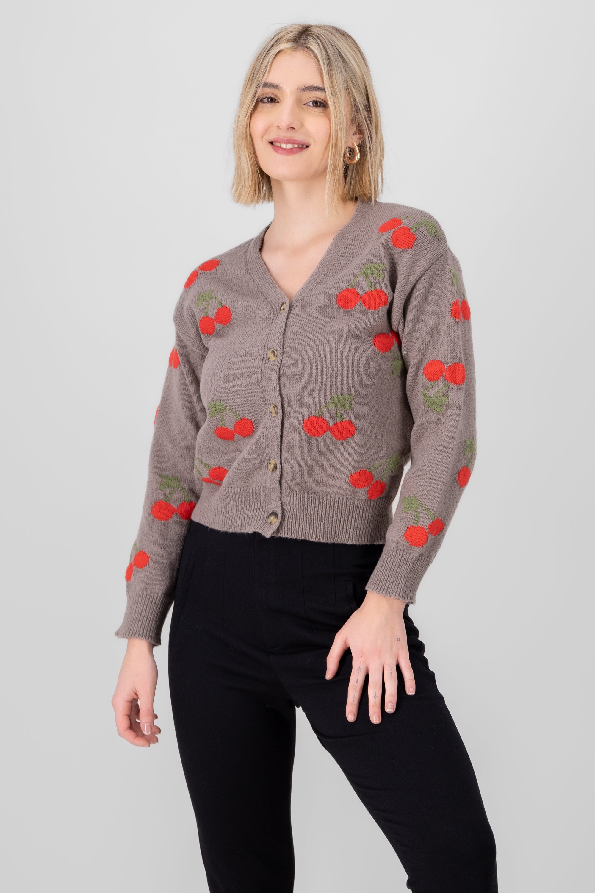 Cherry Print Front Button Cardigan GRAY COMBO