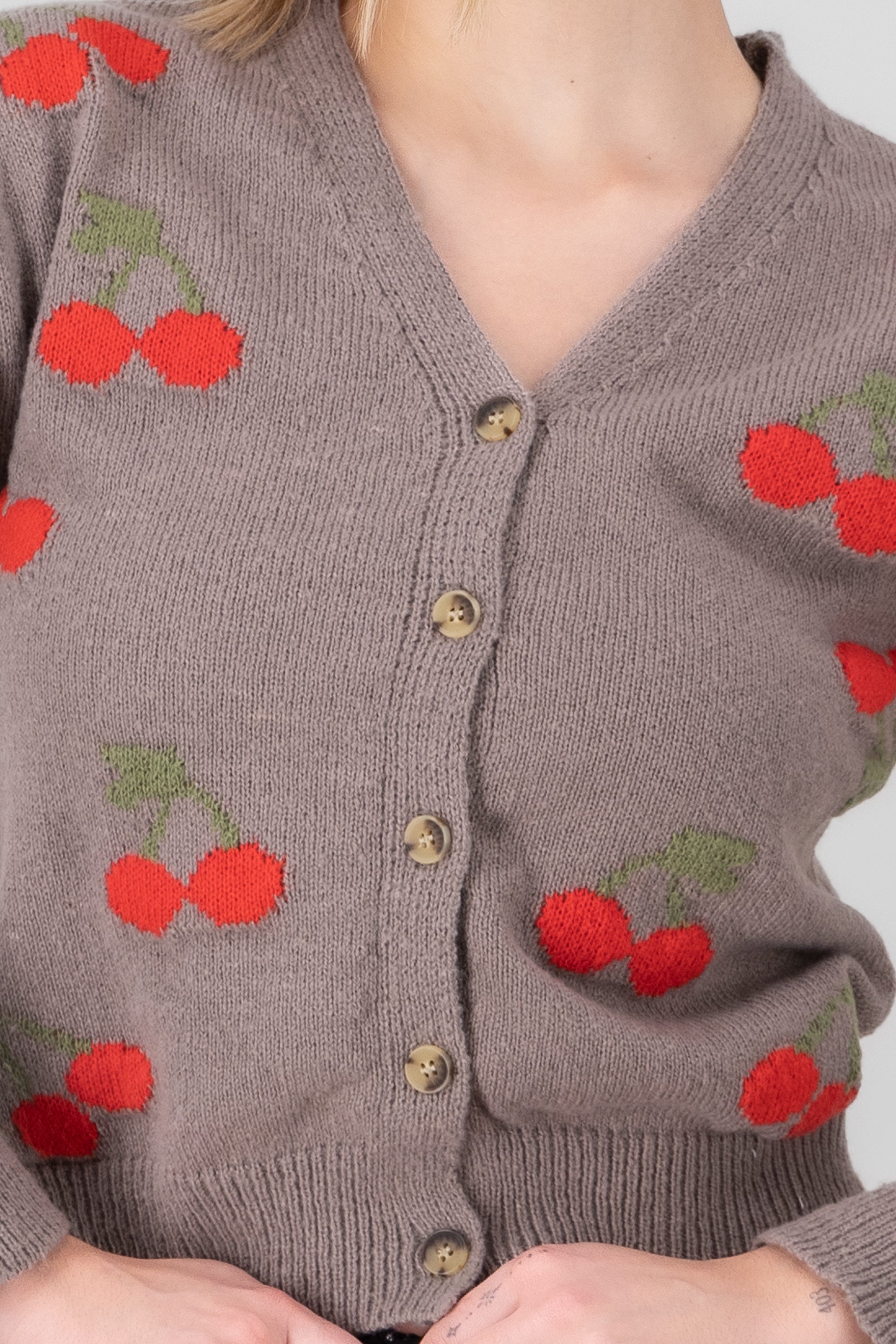 Cherry Print Front Button Cardigan GRAY COMBO