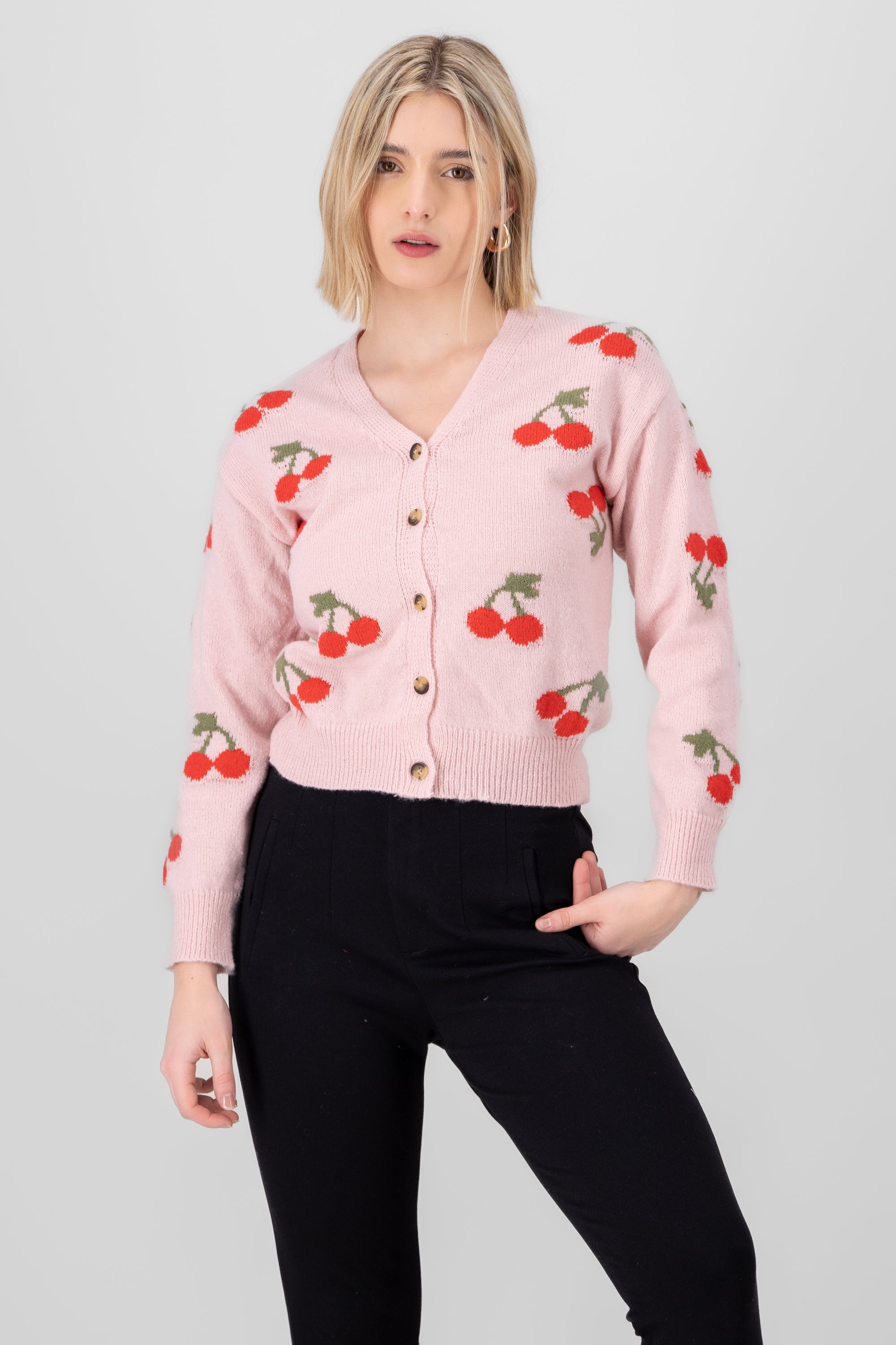 Cherry Print Front Button Cardigan PINK COMBO