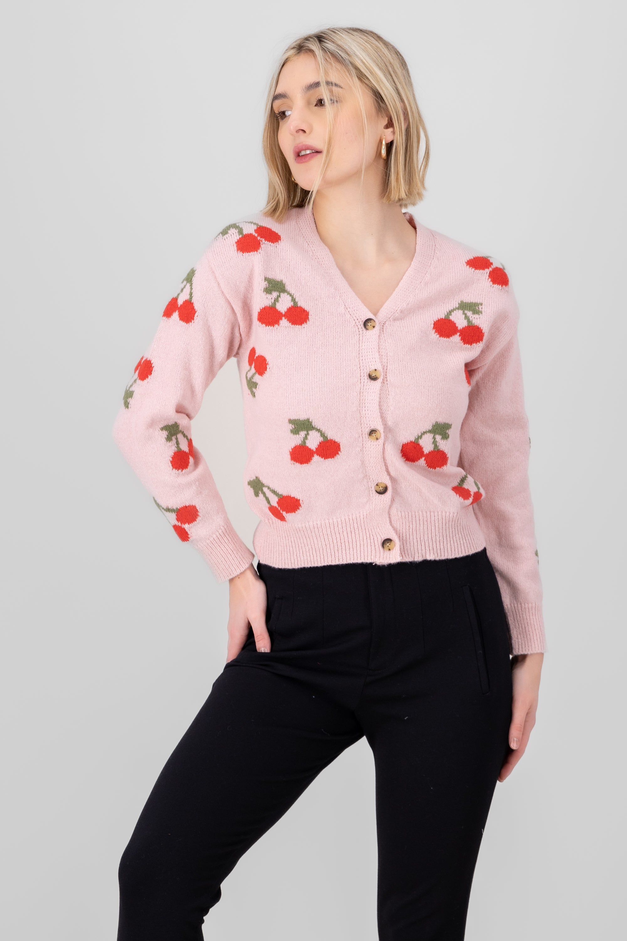 Cherry Print Front Button Cardigan PINK COMBO