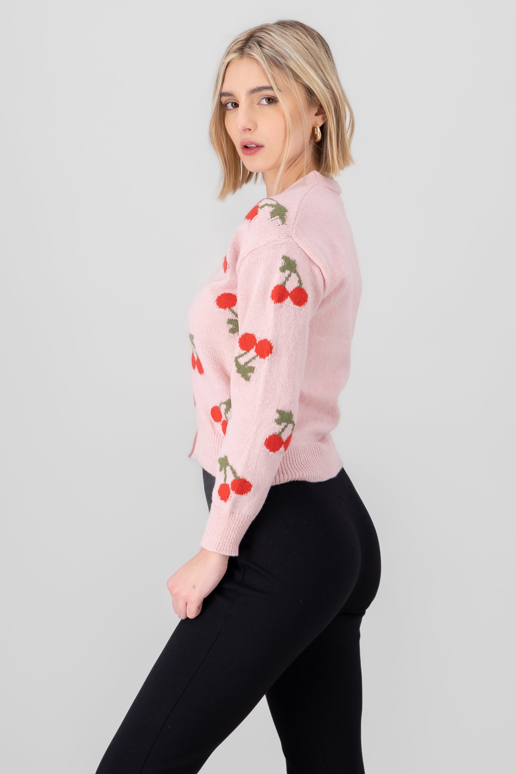 Cherry Print Front Button Cardigan PINK COMBO