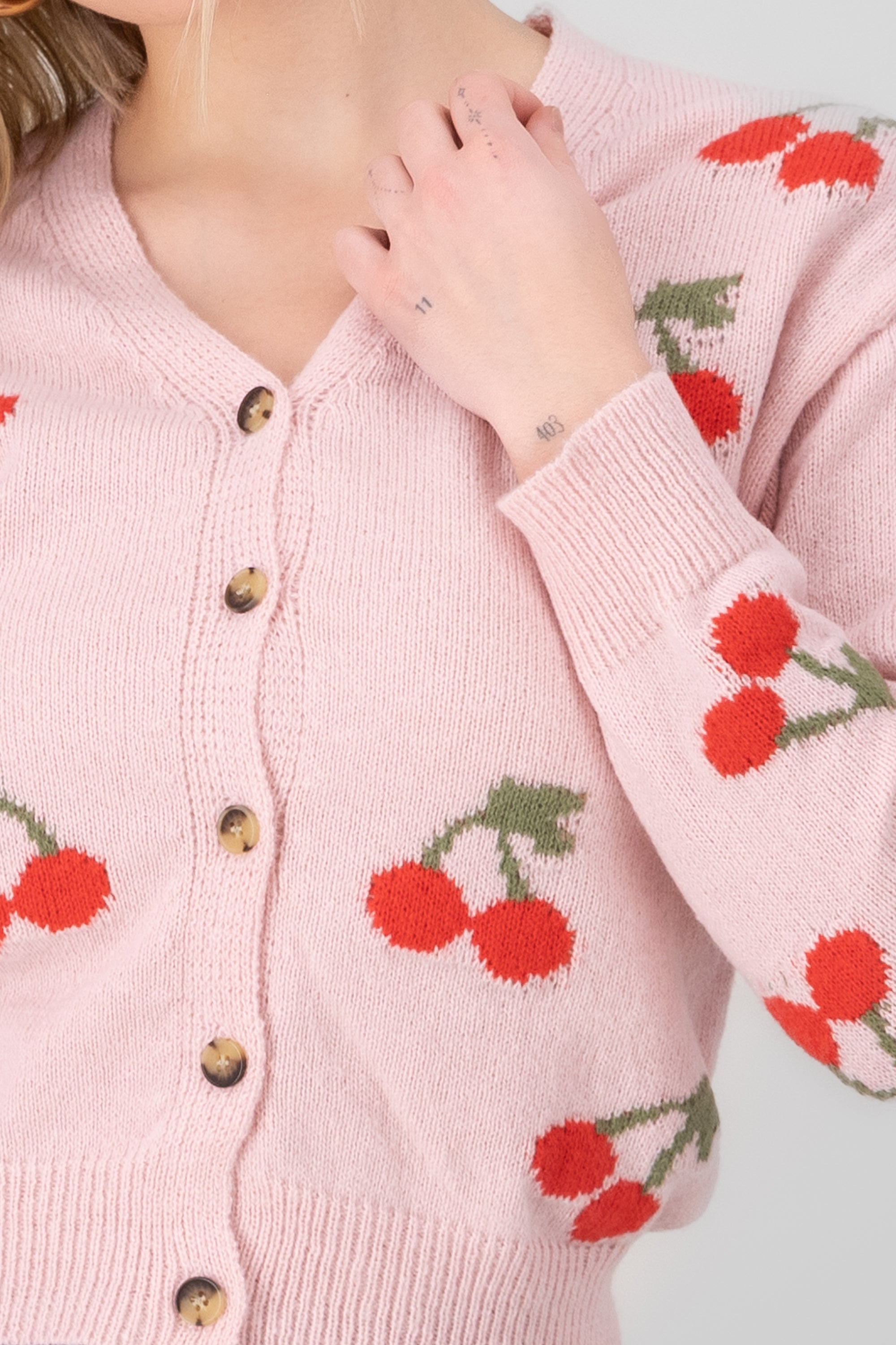 Cherry Print Front Button Cardigan PINK COMBO