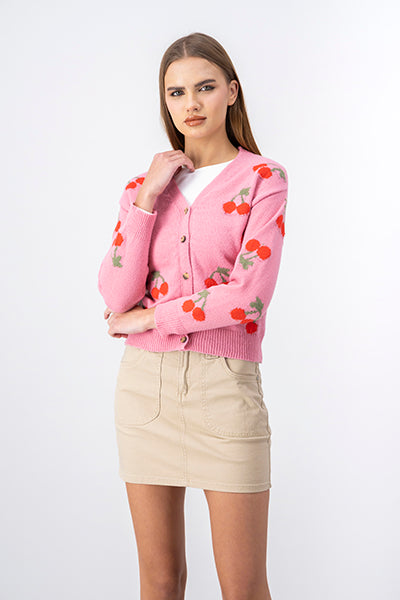 Cherry Print Front Button Cardigan WHITE COMBO