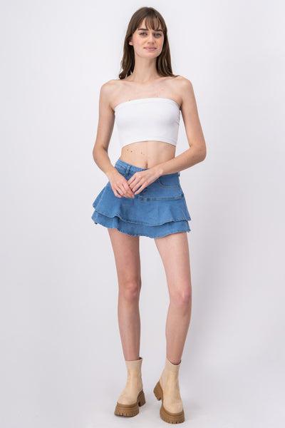 Mini Denim Skirt Ruffles BLACK