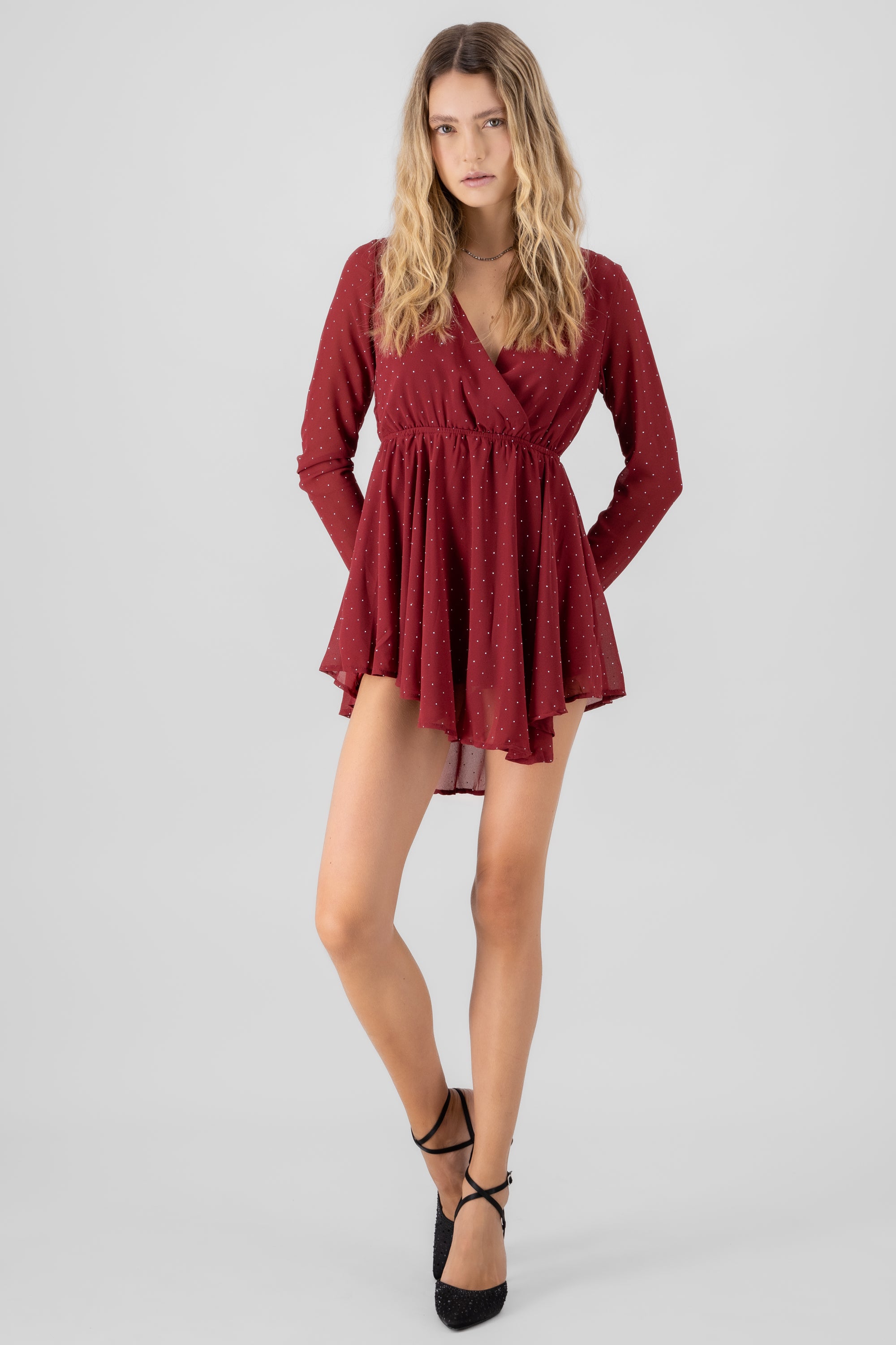 Long sleeved rhinestone mini dress CHERRY RED