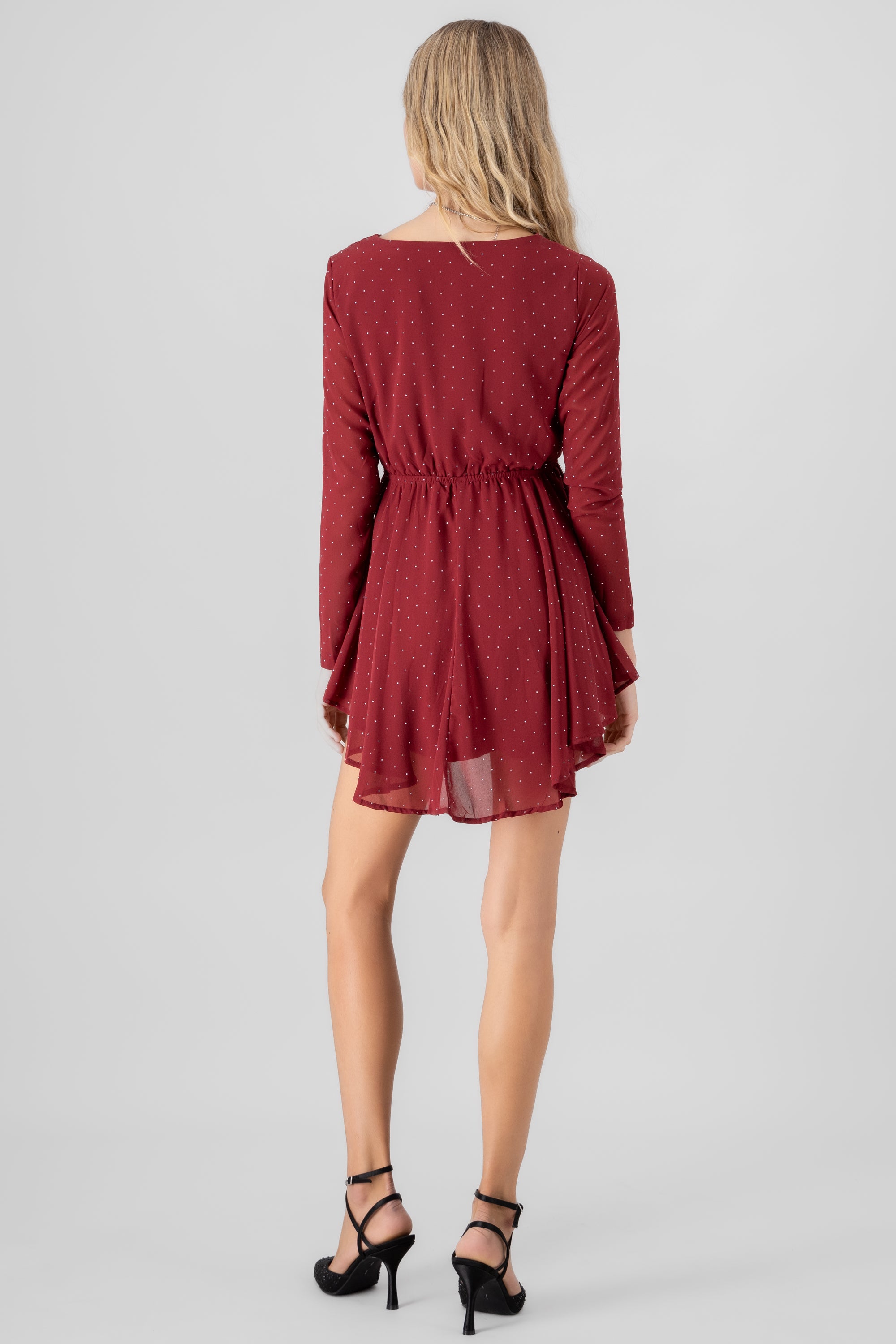 Long sleeved rhinestone mini dress CHERRY RED