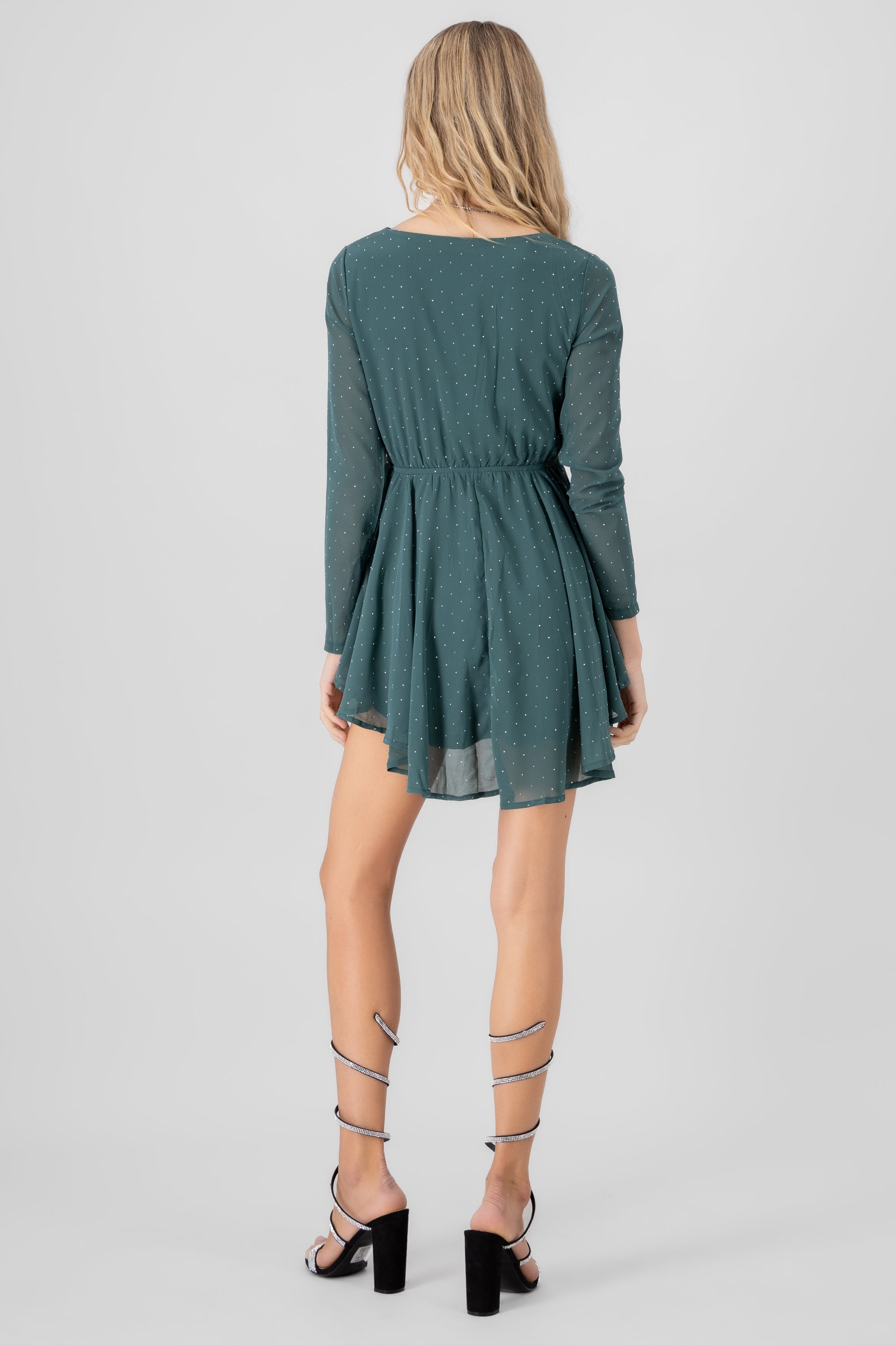 Long sleeved rhinestone mini dress GREEN