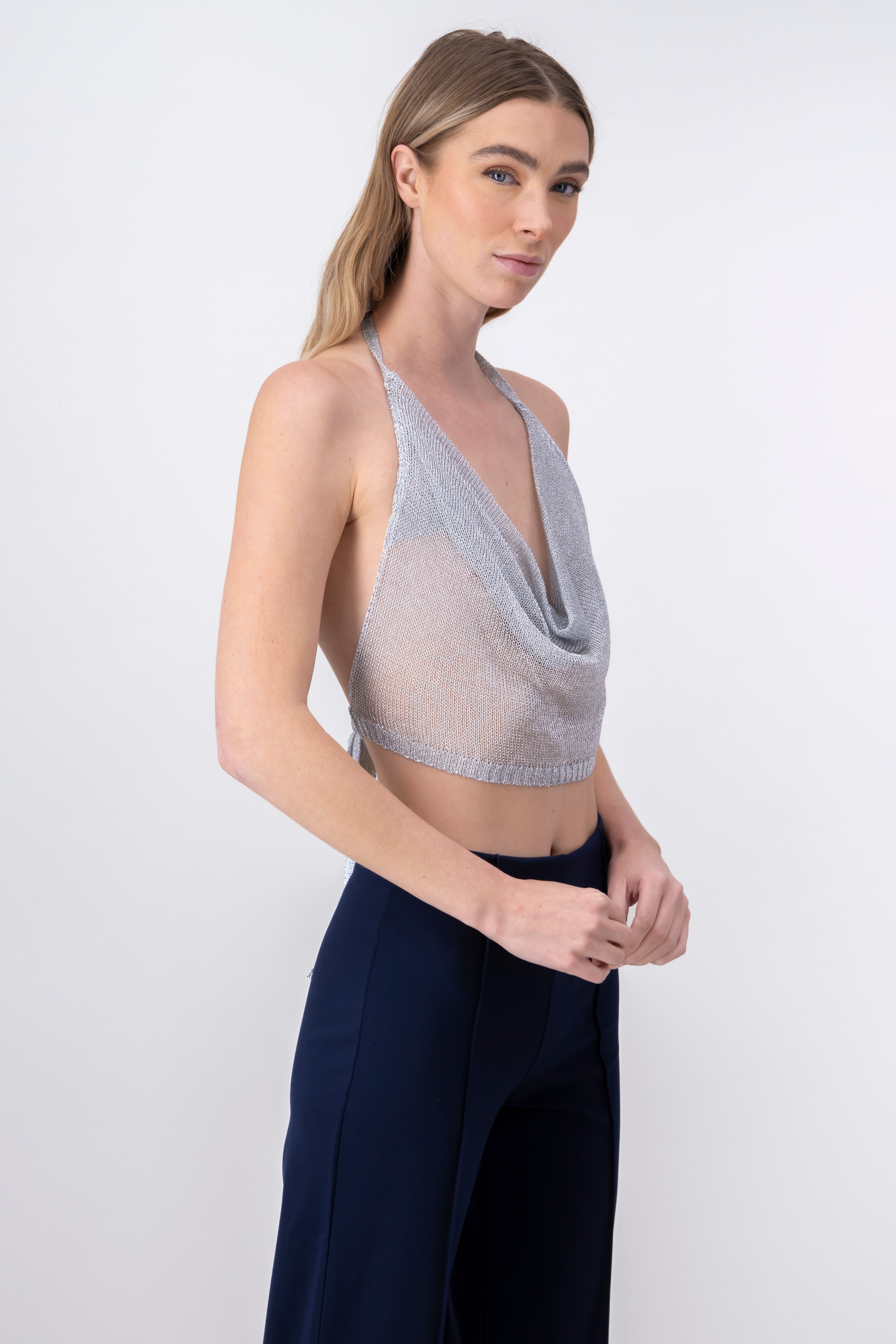 Shiny Draped Colar Halter Top SILVER