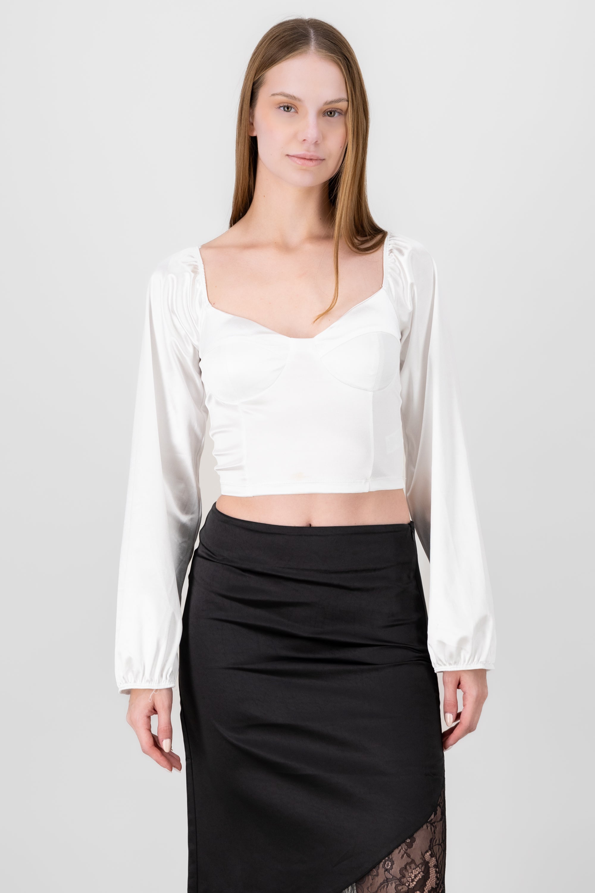 Long Sleeve Satin Blouse WHITE