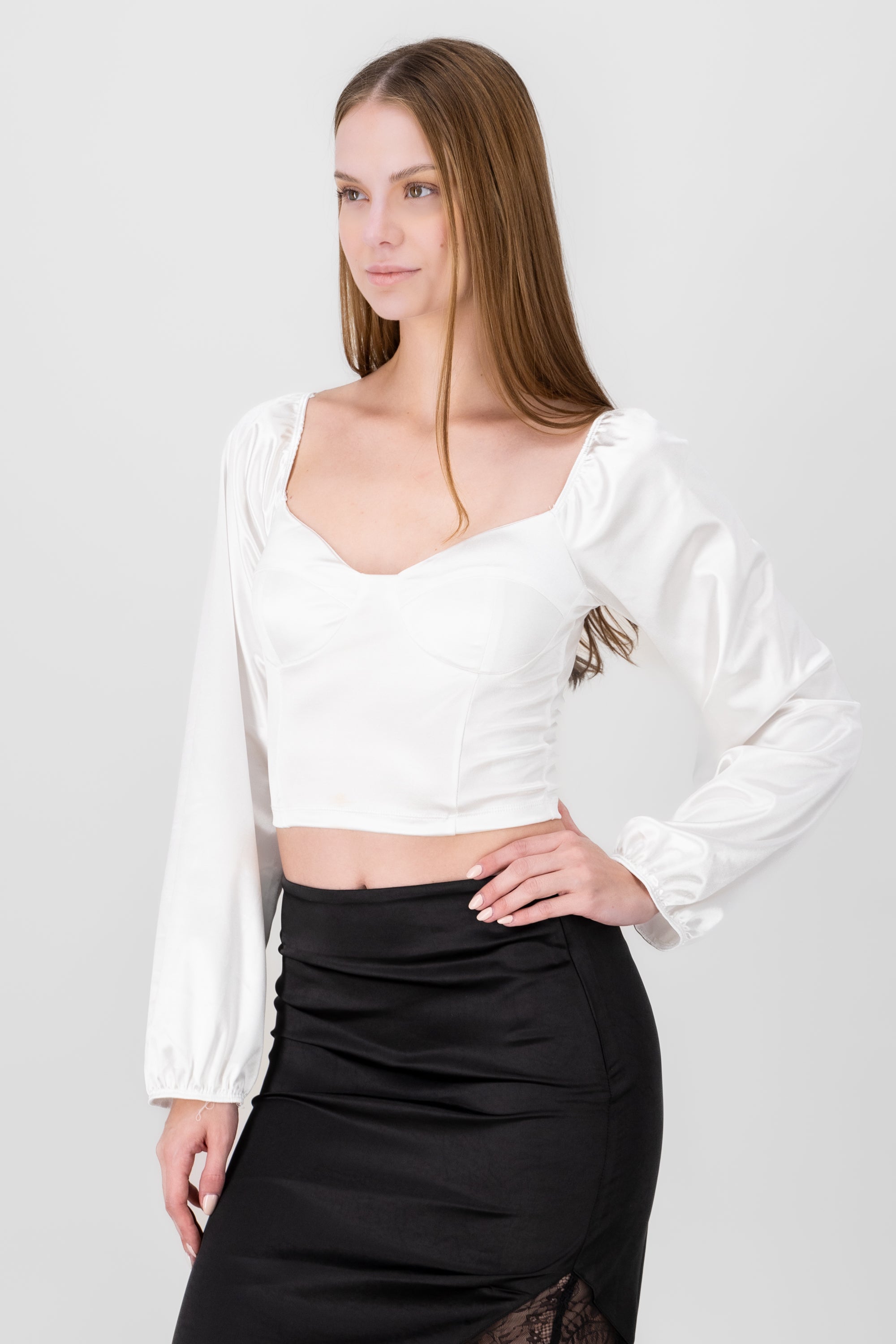 Long Sleeve Satin Blouse WHITE