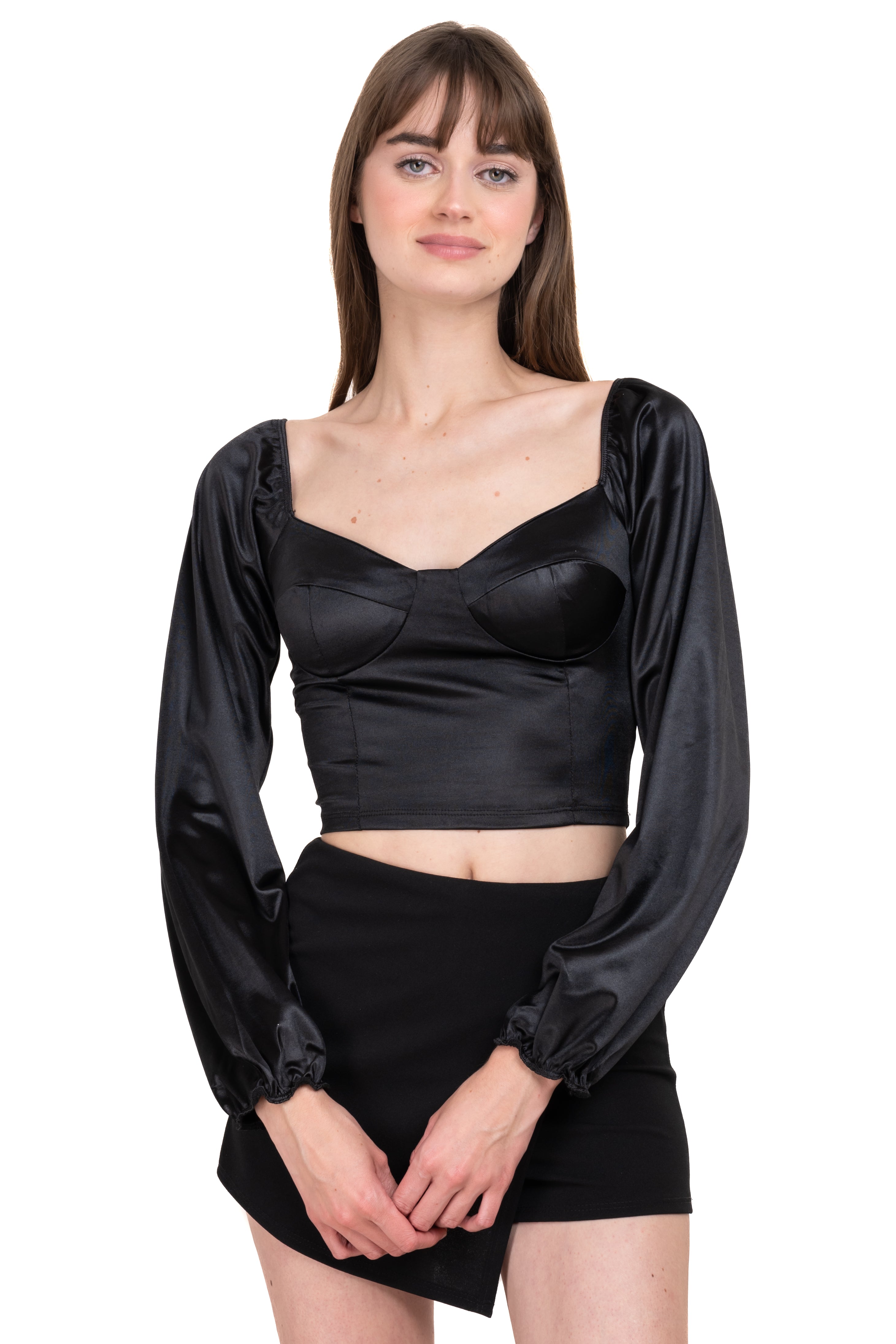 Long Sleeve Satin Blouse BLACK