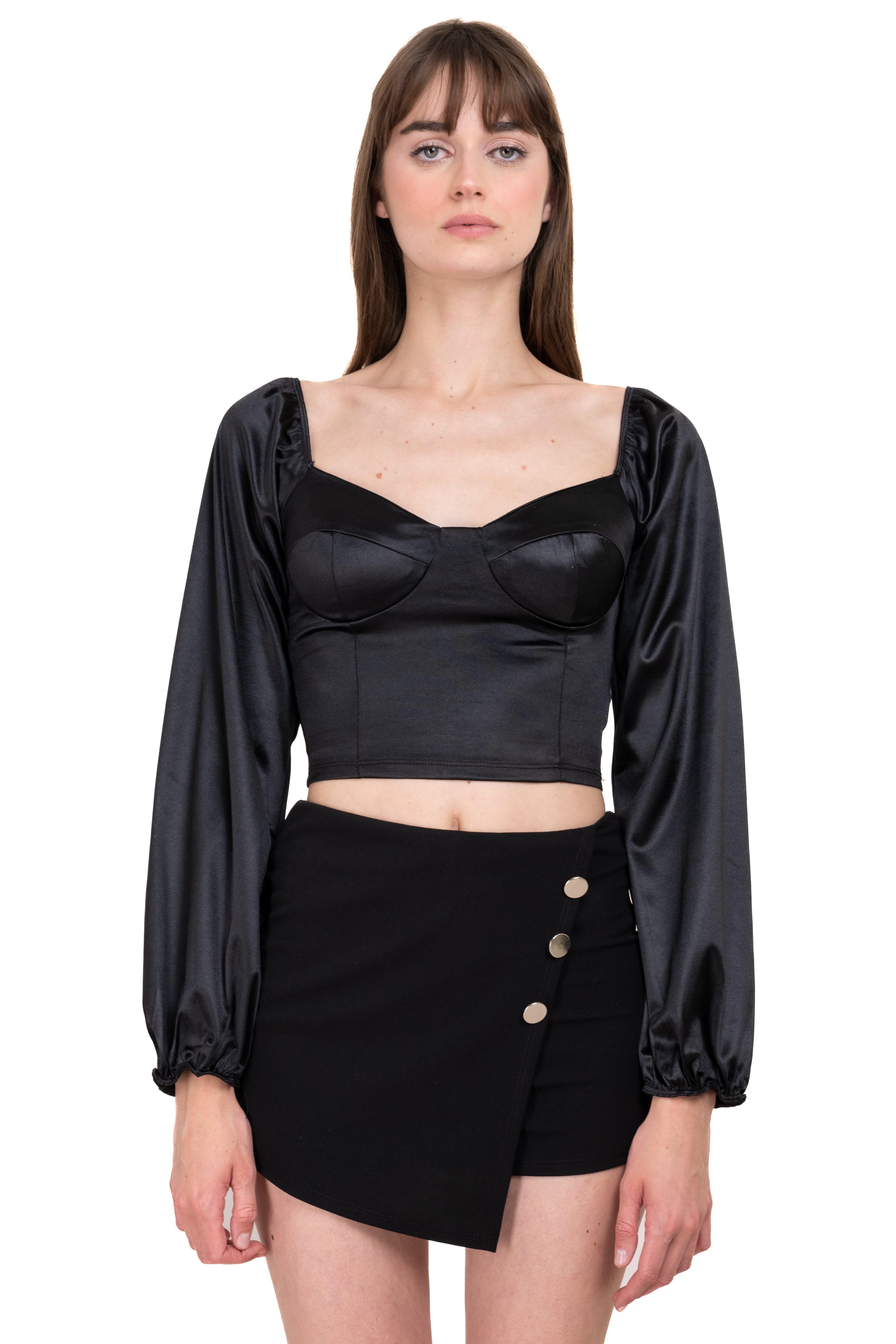 Long Sleeve Satin Blouse BLACK