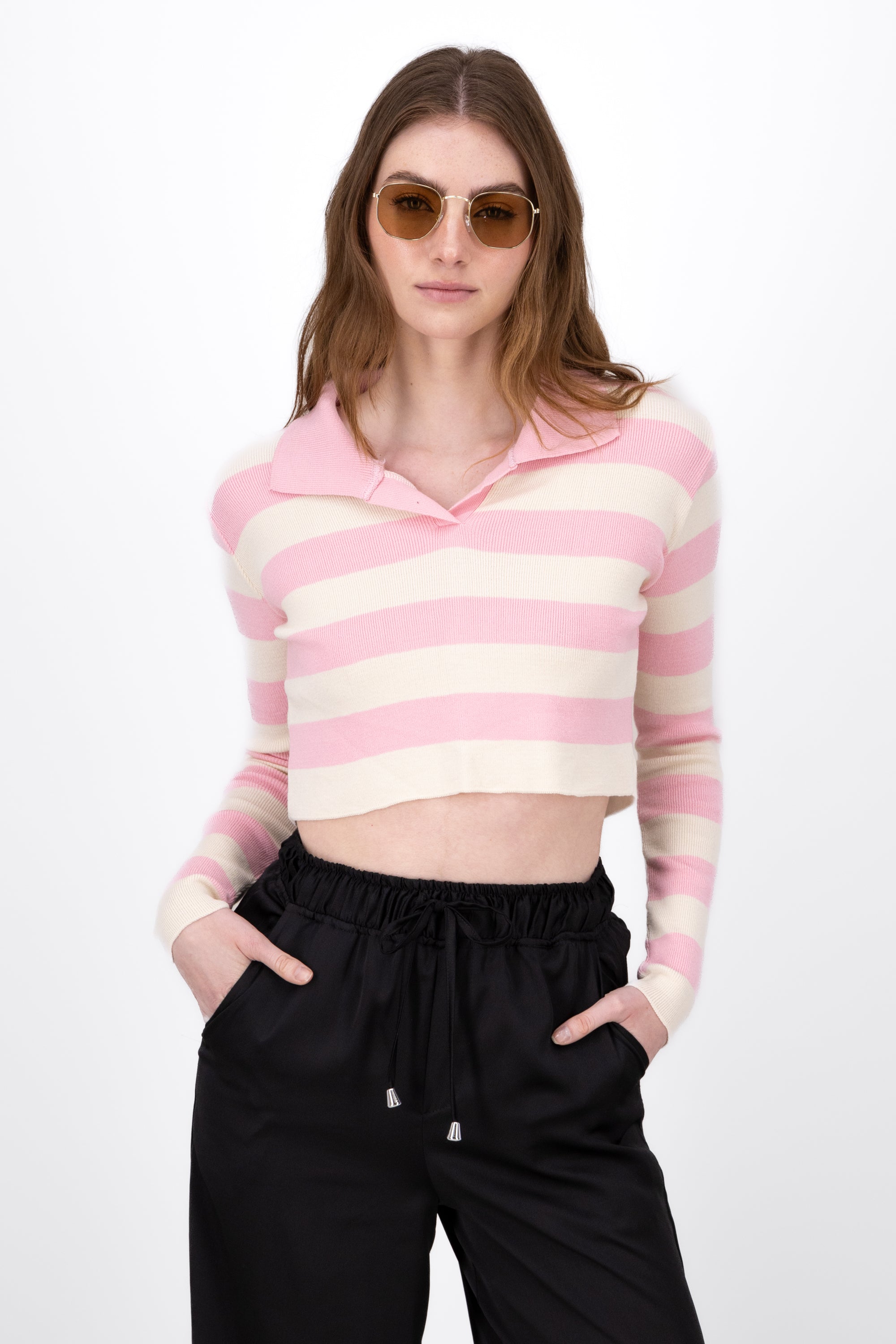 Striped Polo Neck Like Long Sleeve Top PINK COMBO