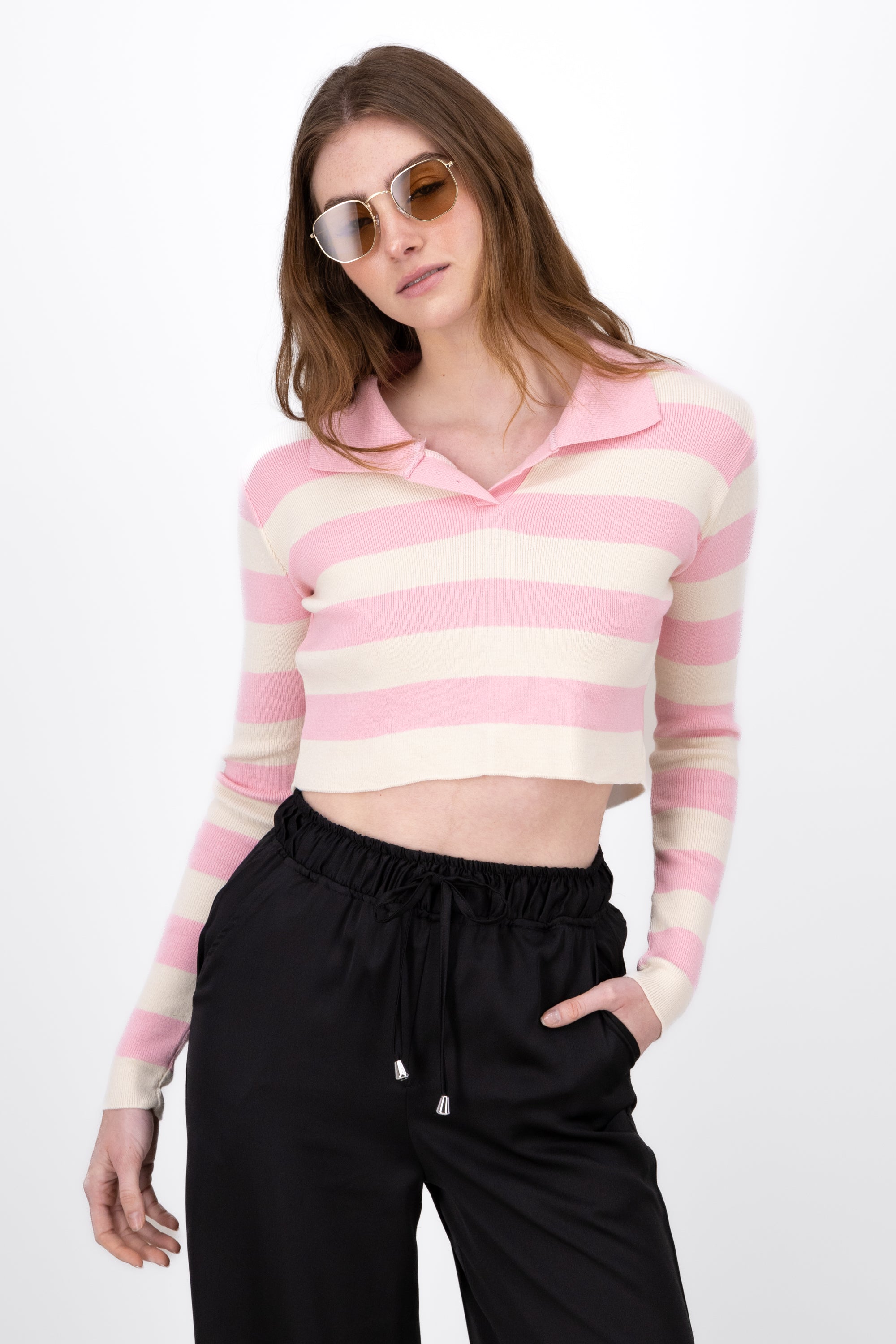 Striped Polo Neck Like Long Sleeve Top PINK COMBO