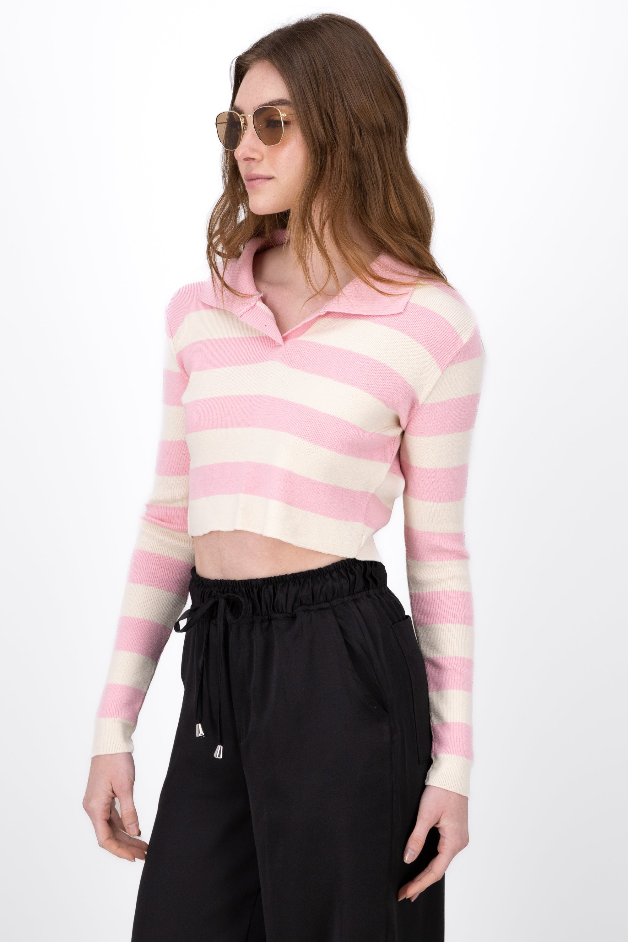 Striped Polo Neck Like Long Sleeve Top PINK COMBO