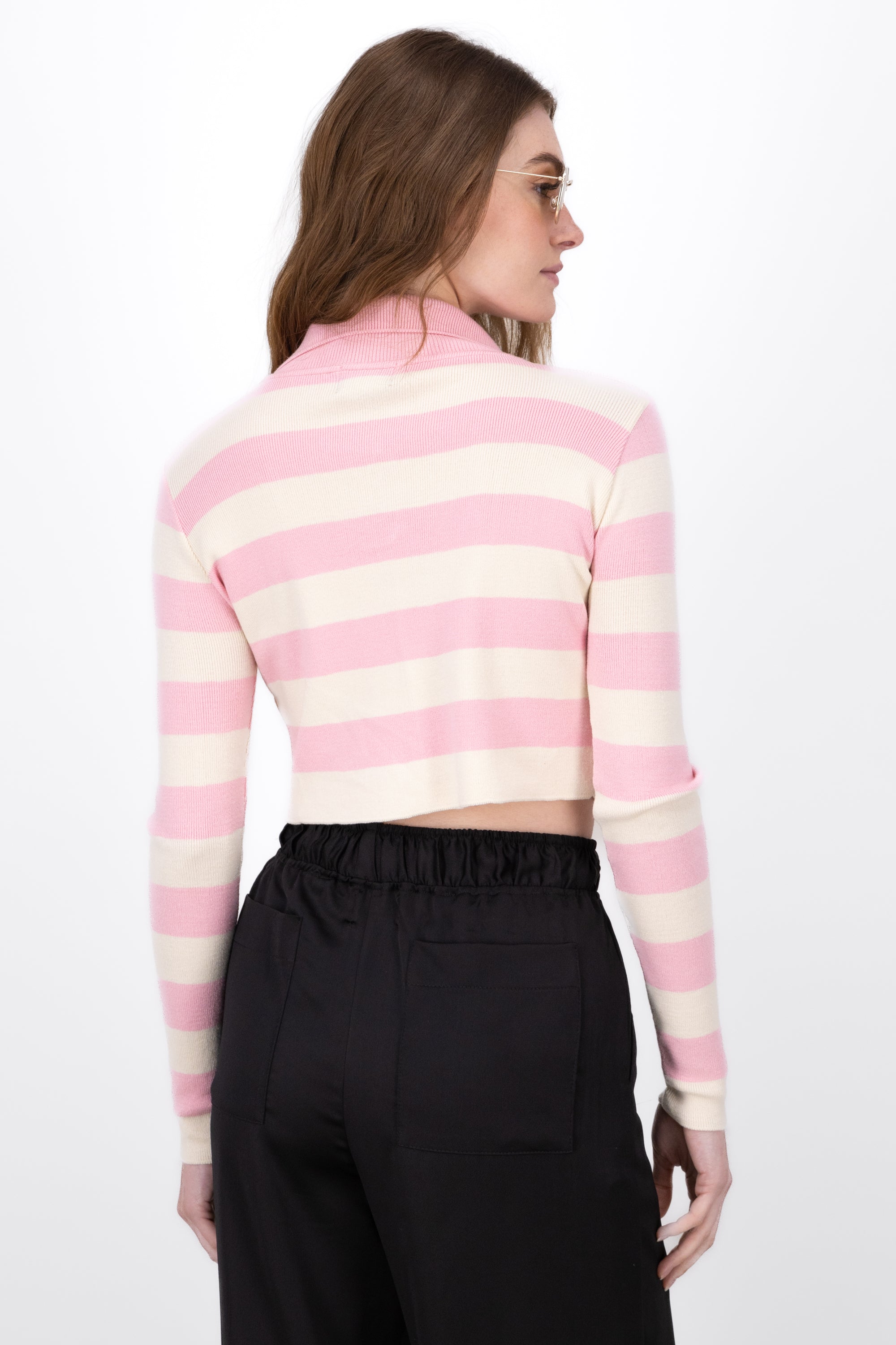 Striped Polo Neck Like Long Sleeve Top PINK COMBO