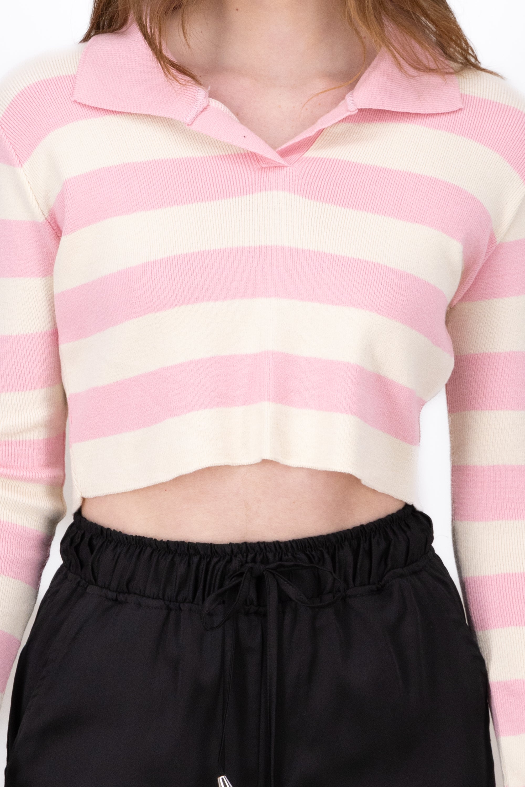 Striped Polo Neck Like Long Sleeve Top PINK COMBO