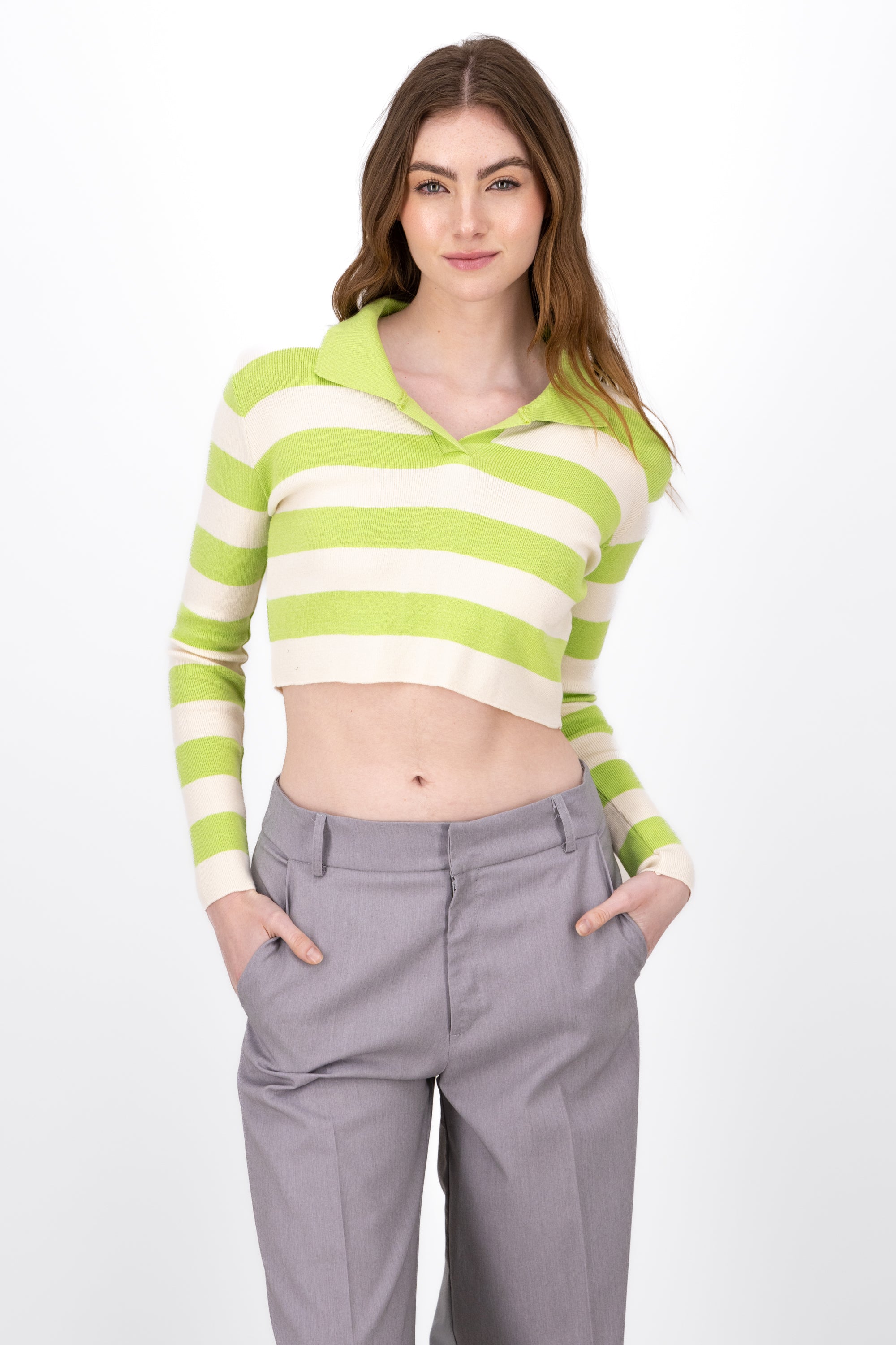 Striped Polo Neck Like Long Sleeve Top LIME GREEN