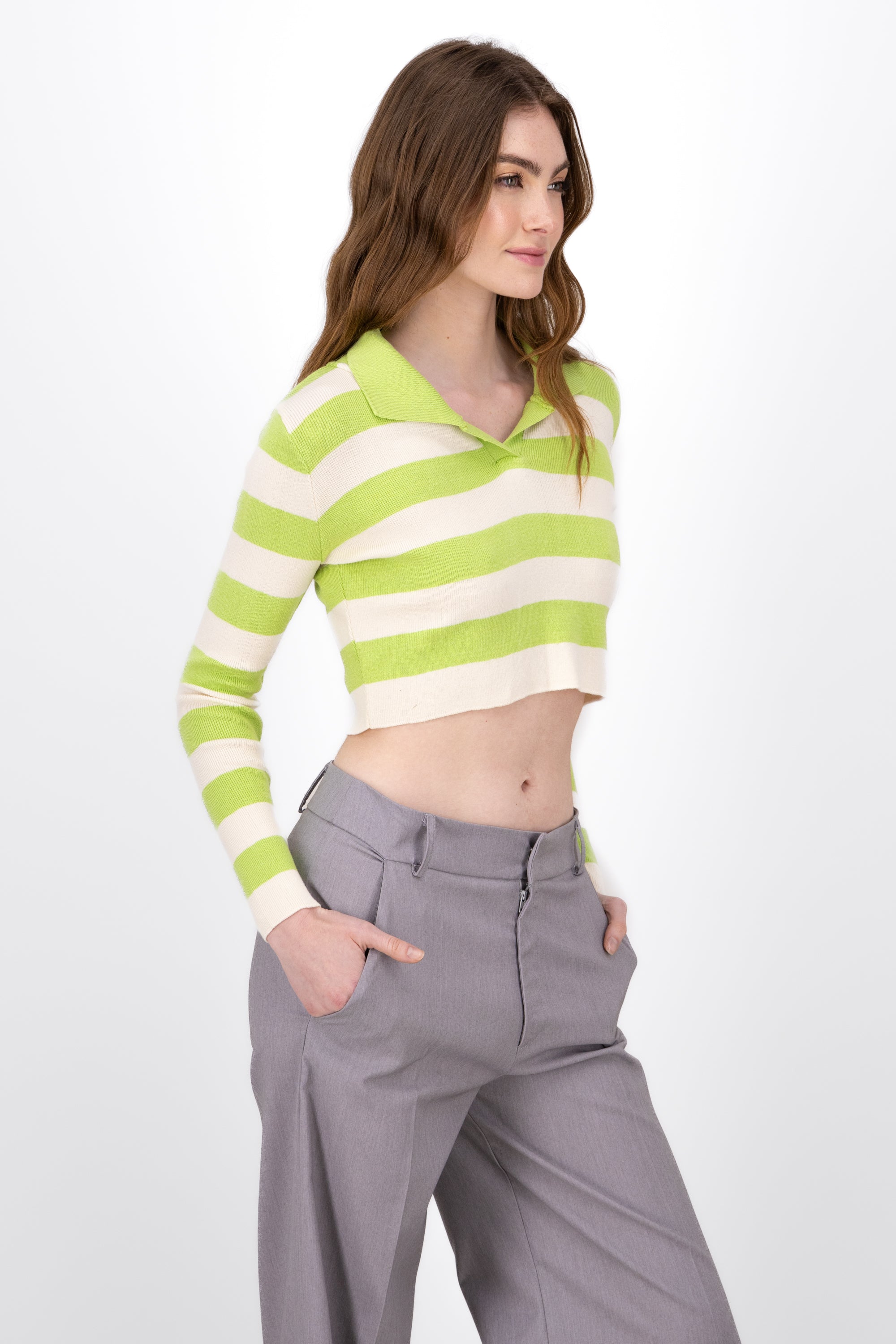 Striped Polo Neck Like Long Sleeve Top LIME GREEN