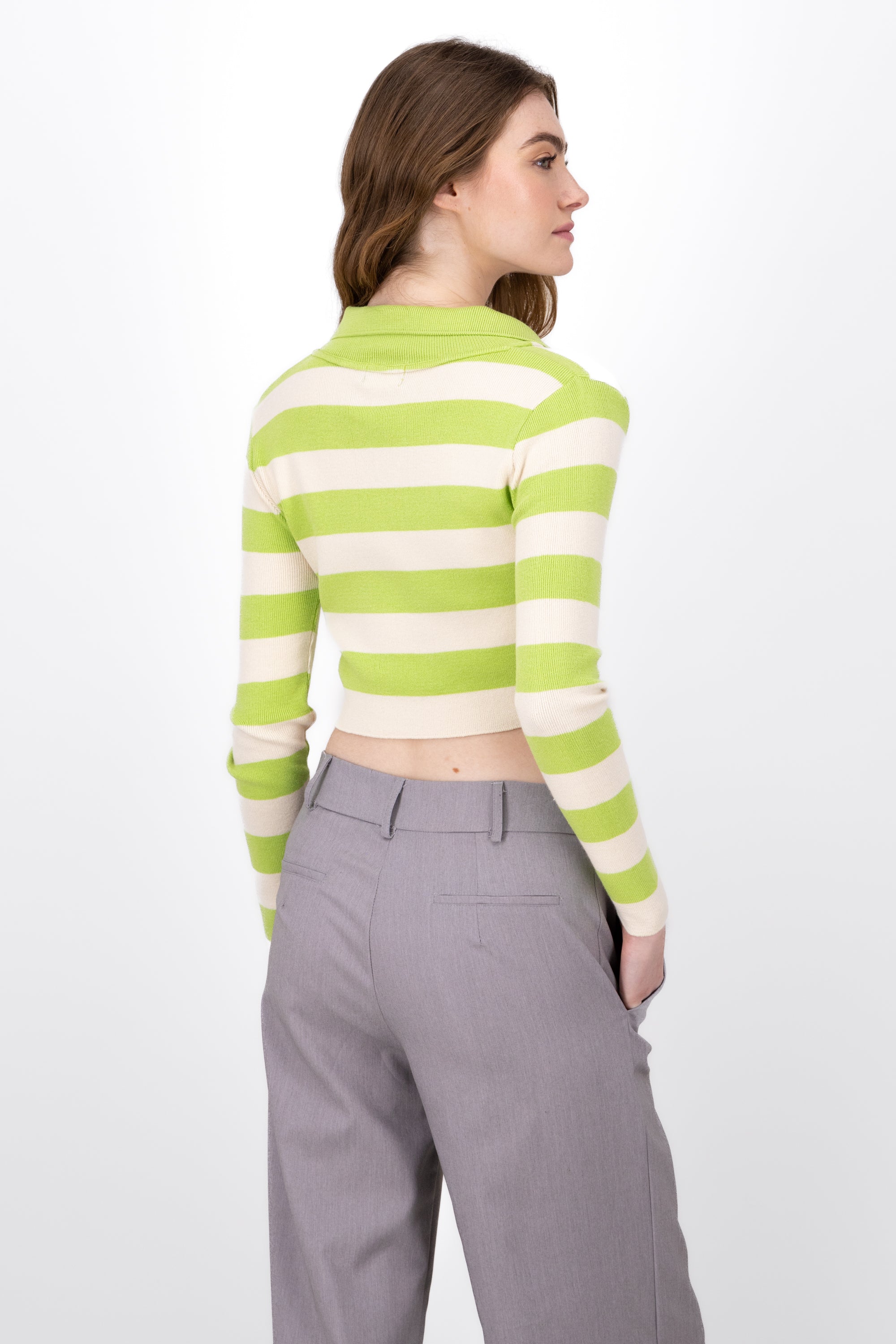 Striped Polo Neck Like Long Sleeve Top LIME GREEN