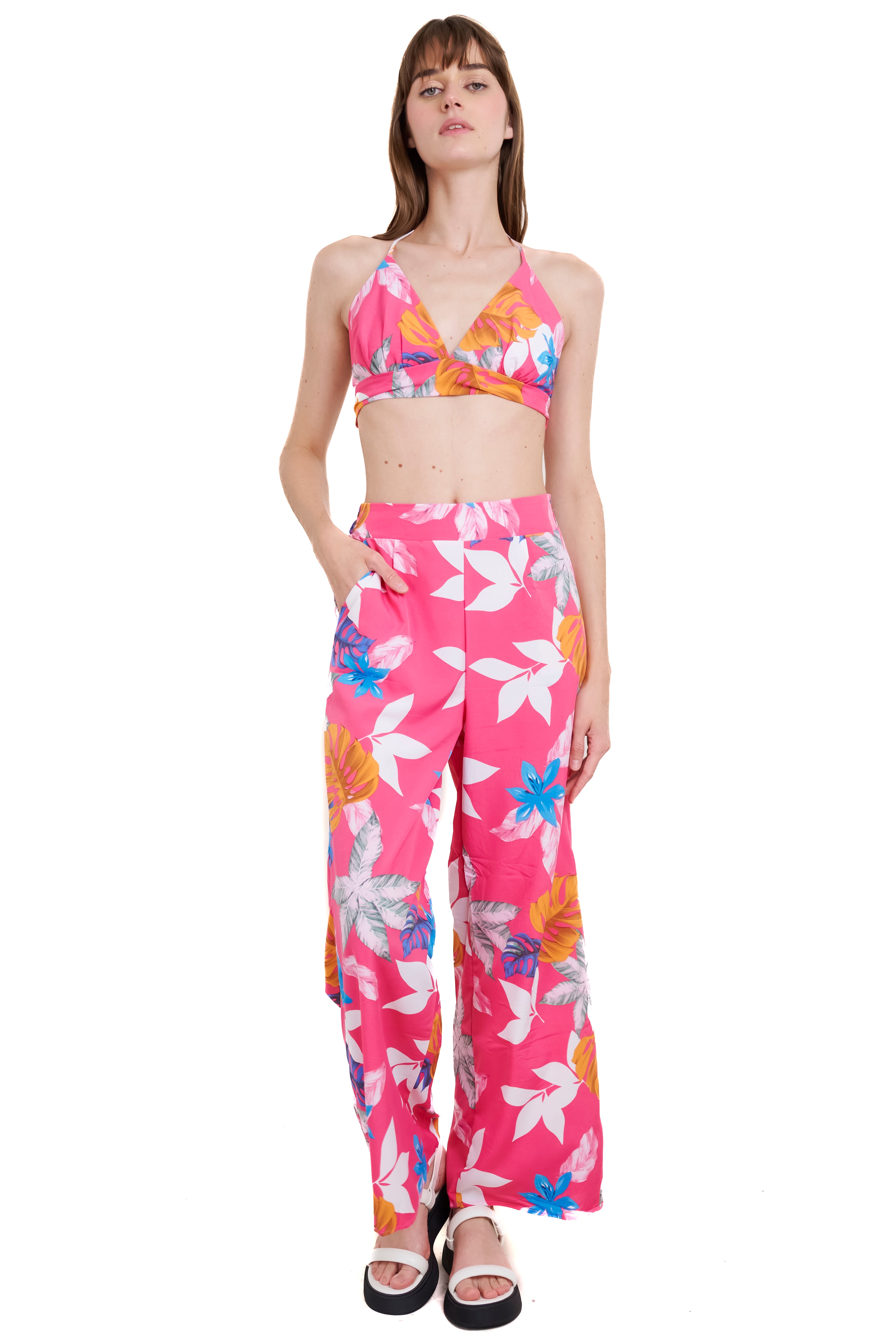 Floral Print Wide Leg Flowy Pants FUCHSIA