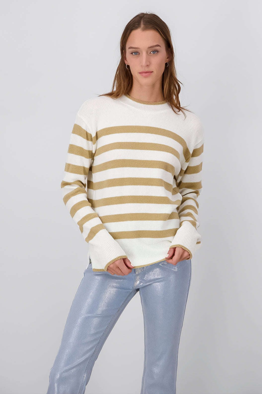 Striped Rib Knit Sweater BEIGE