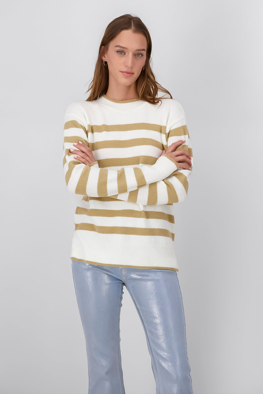 Striped Rib Knit Sweater BEIGE