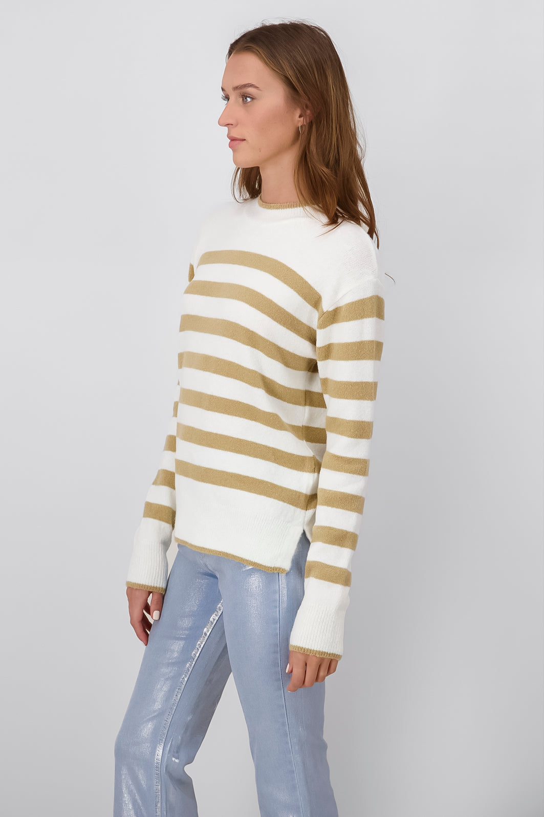 Striped Rib Knit Sweater BEIGE