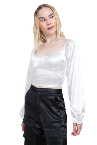 Long sleeved satin blouse WHITE