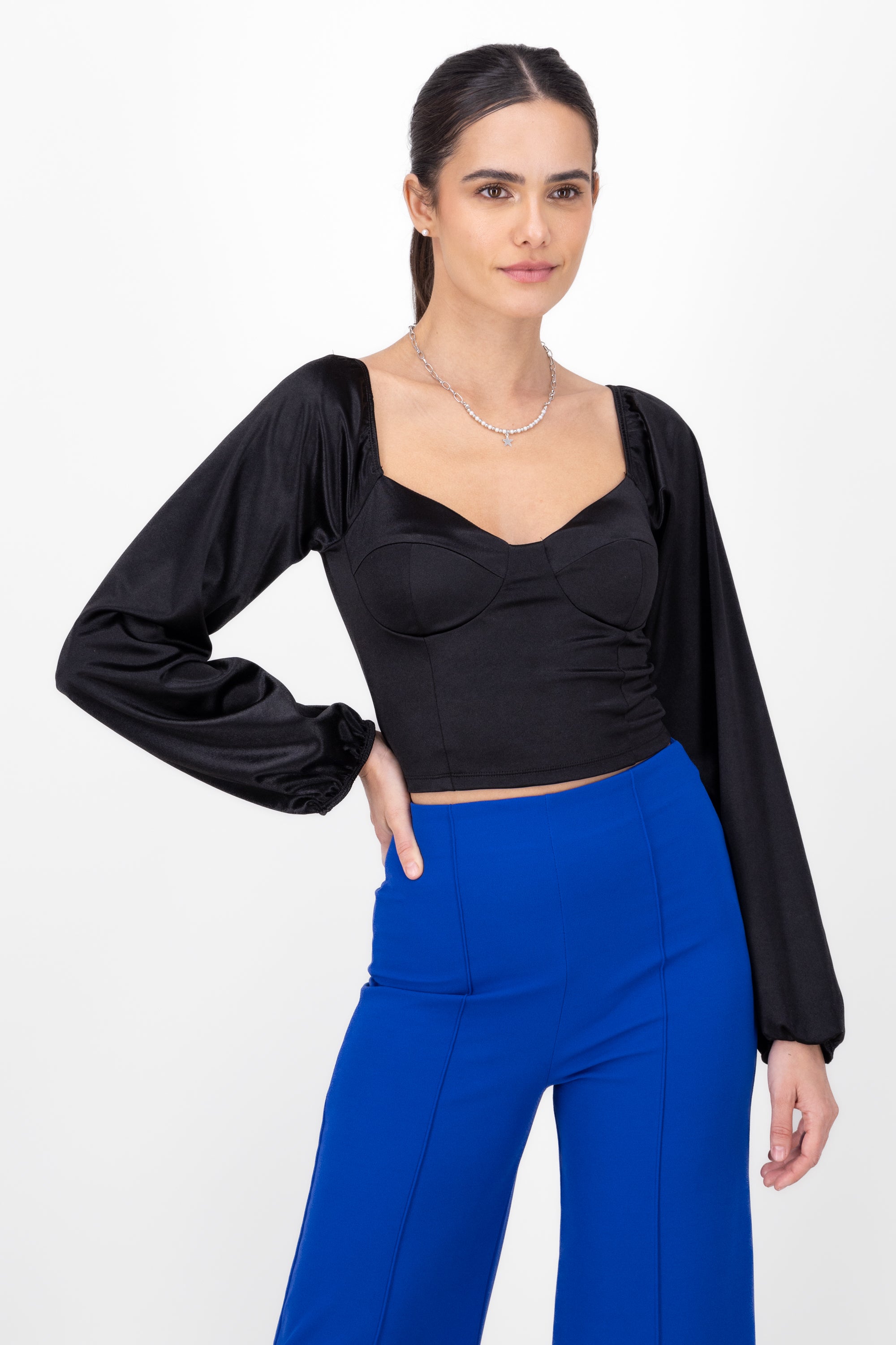 Long sleeved satin blouse BLACK