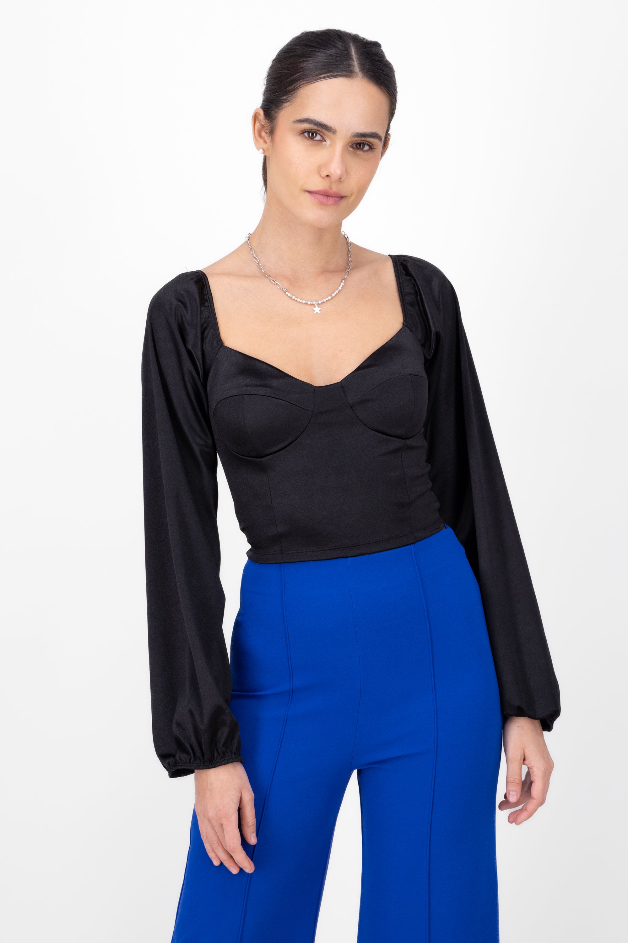 Long sleeved satin blouse BLACK