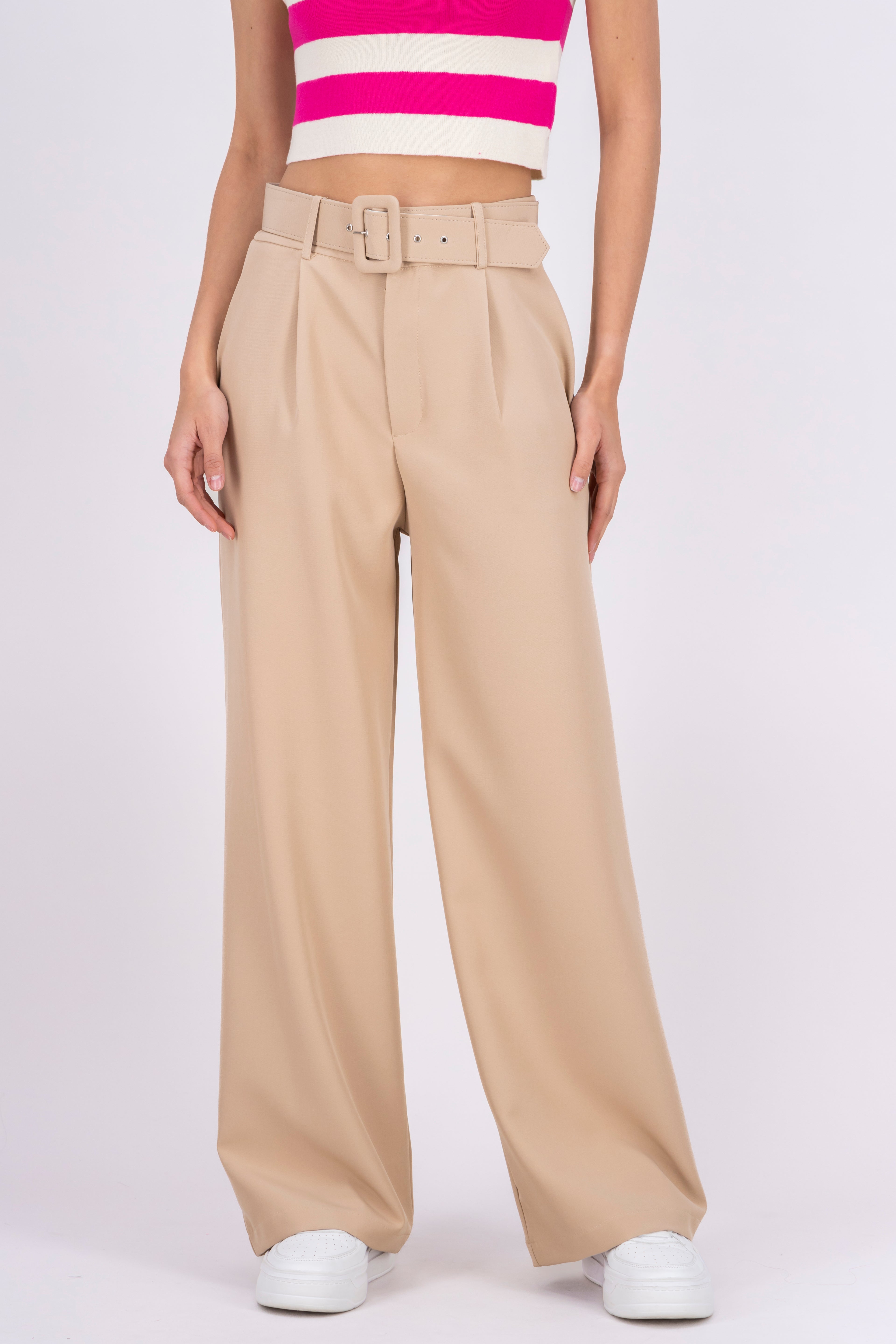 Basic Wide Leg Dress Pants With Belt SAND