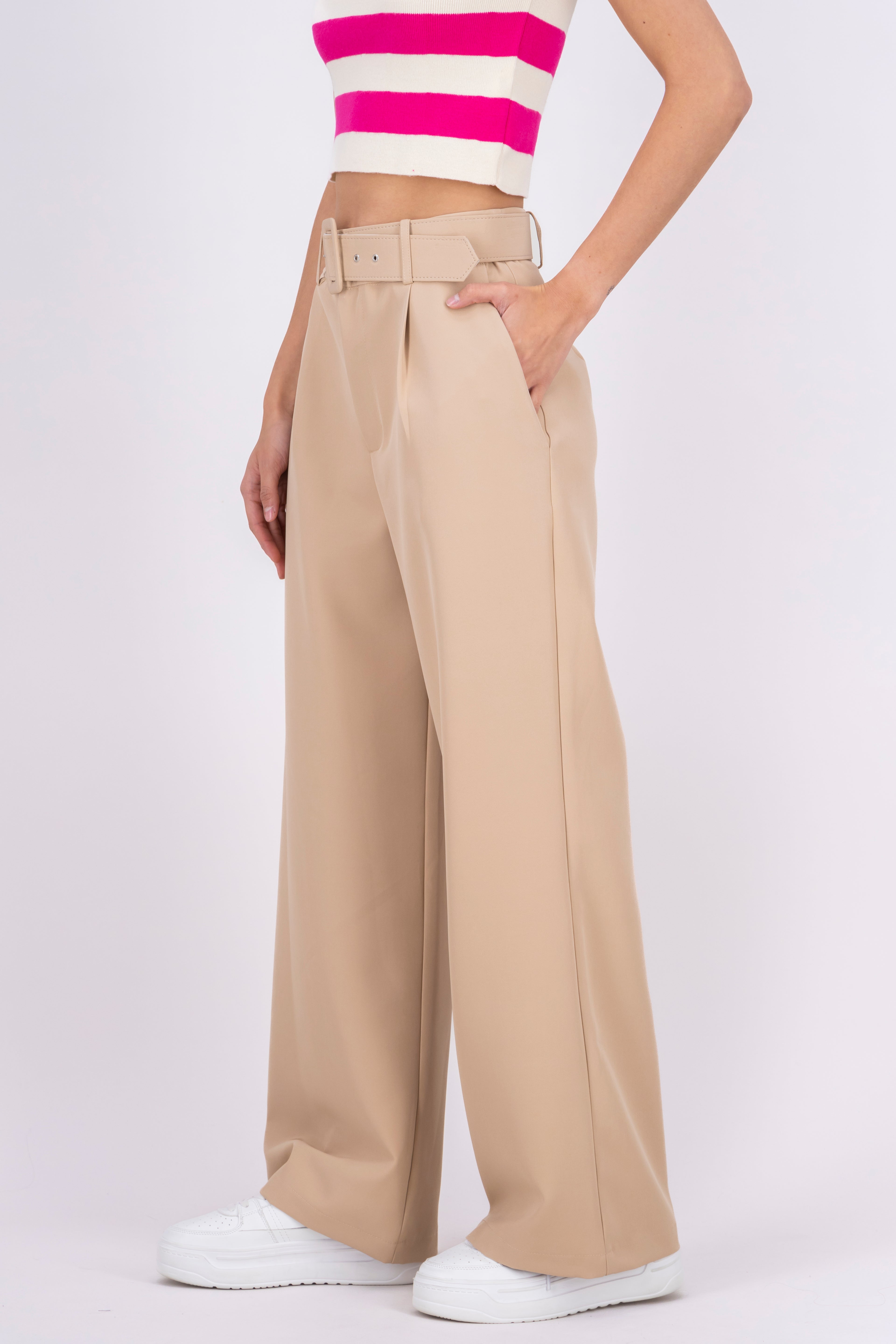 Basic Wide Leg Dress Pants With Belt SAND