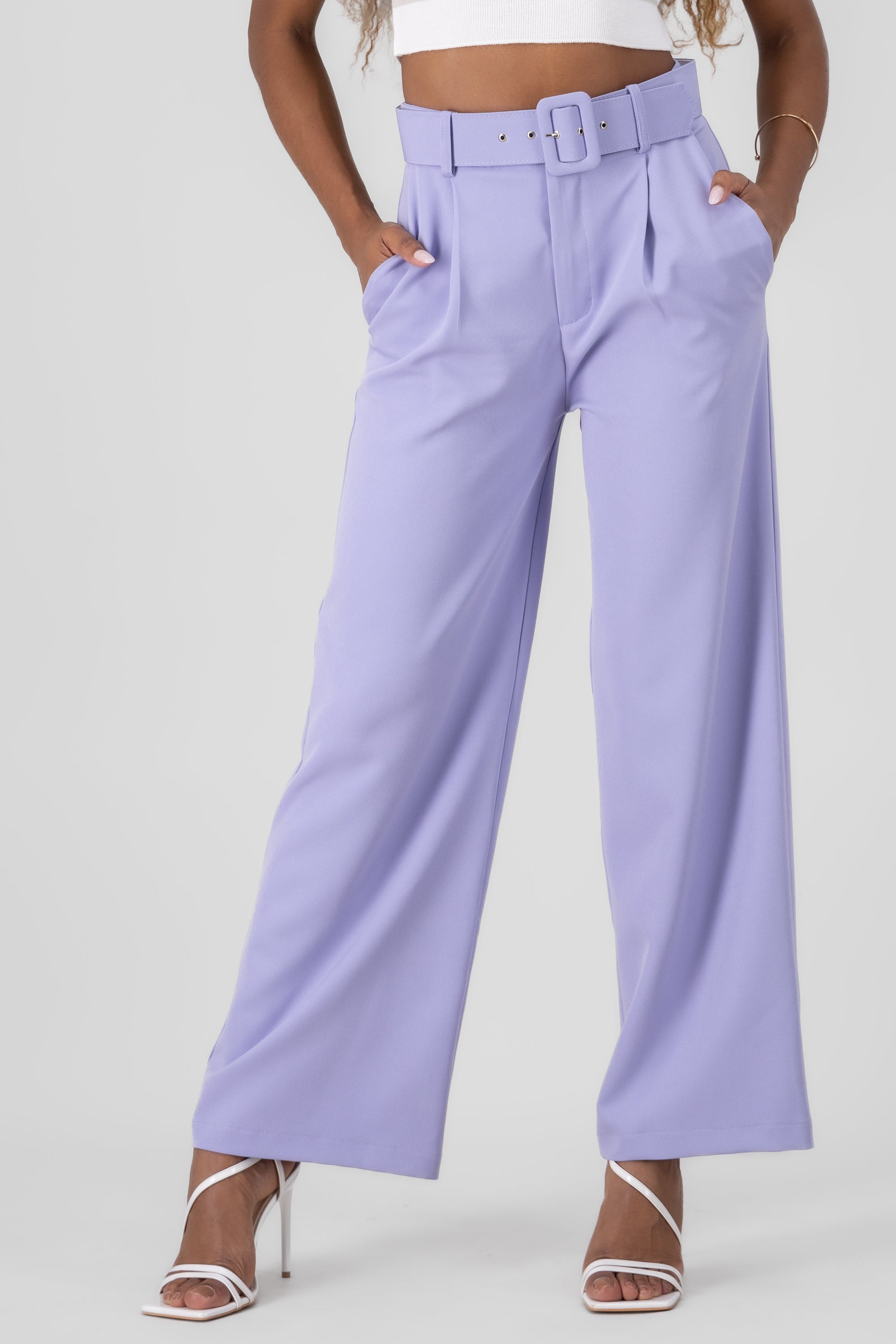 Basic Wide Leg Dress Pants With Belt PASTEL PURPLE