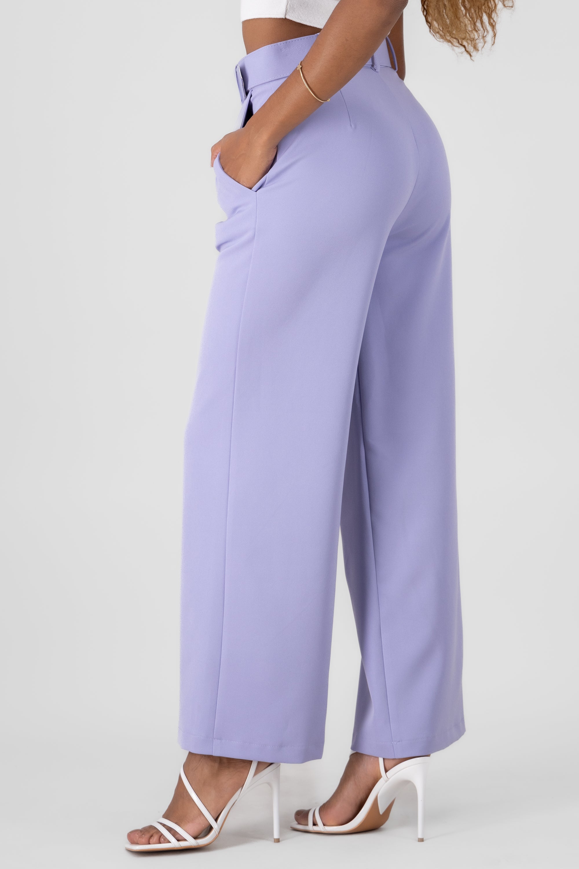 Basic Wide Leg Dress Pants With Belt PASTEL PURPLE