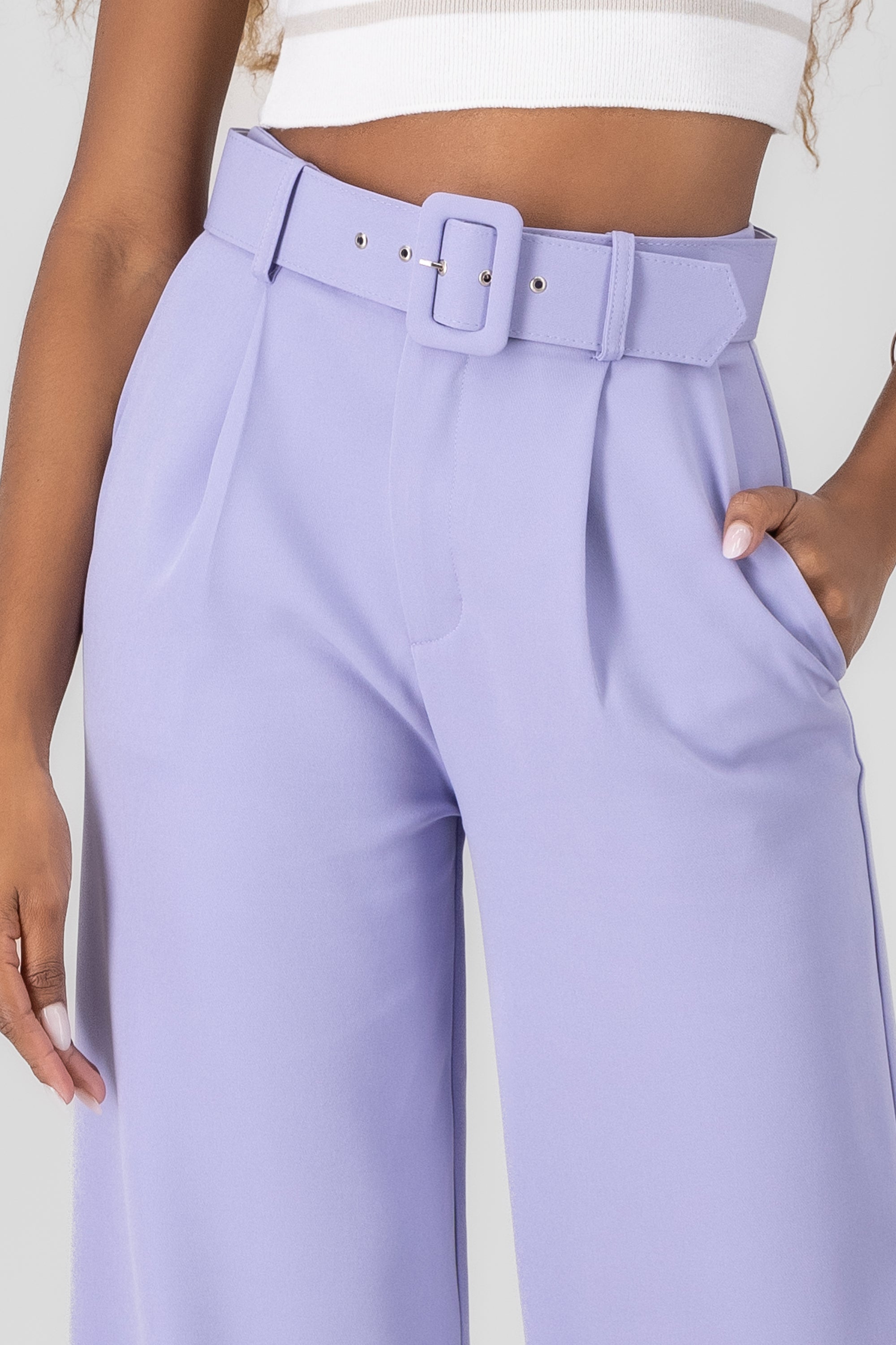 Basic Wide Leg Dress Pants With Belt PASTEL PURPLE