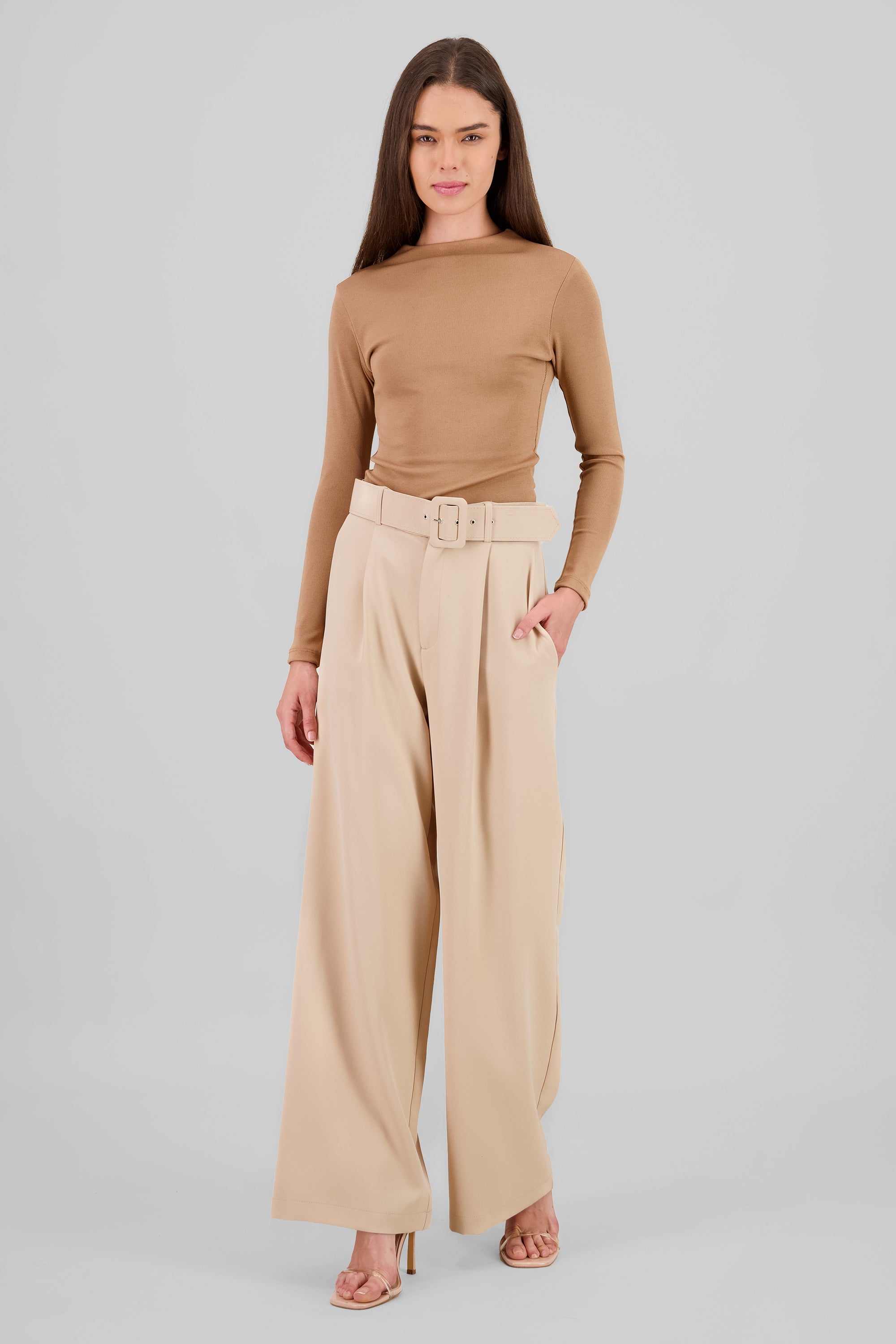 Basic Wide Leg Dress Pants With Belt KHAKI