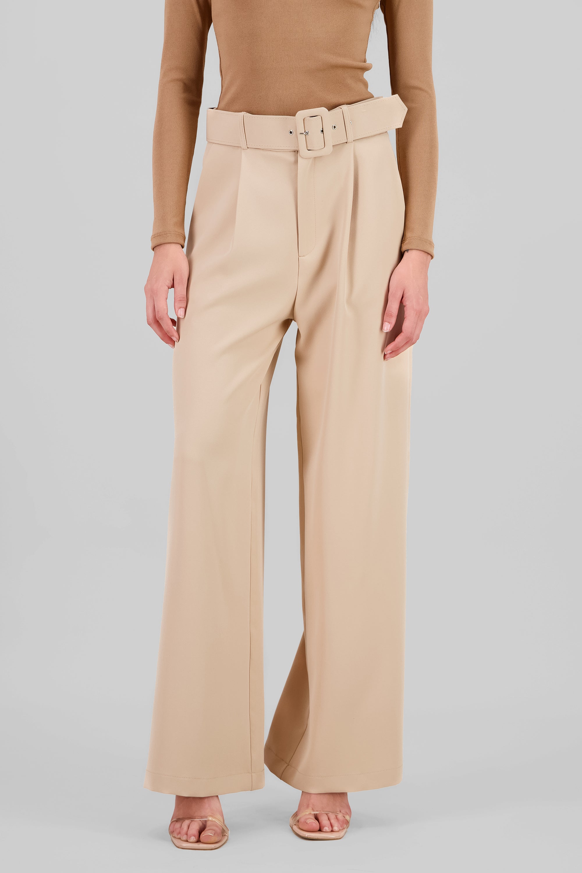 Basic Wide Leg Dress Pants With Belt KHAKI