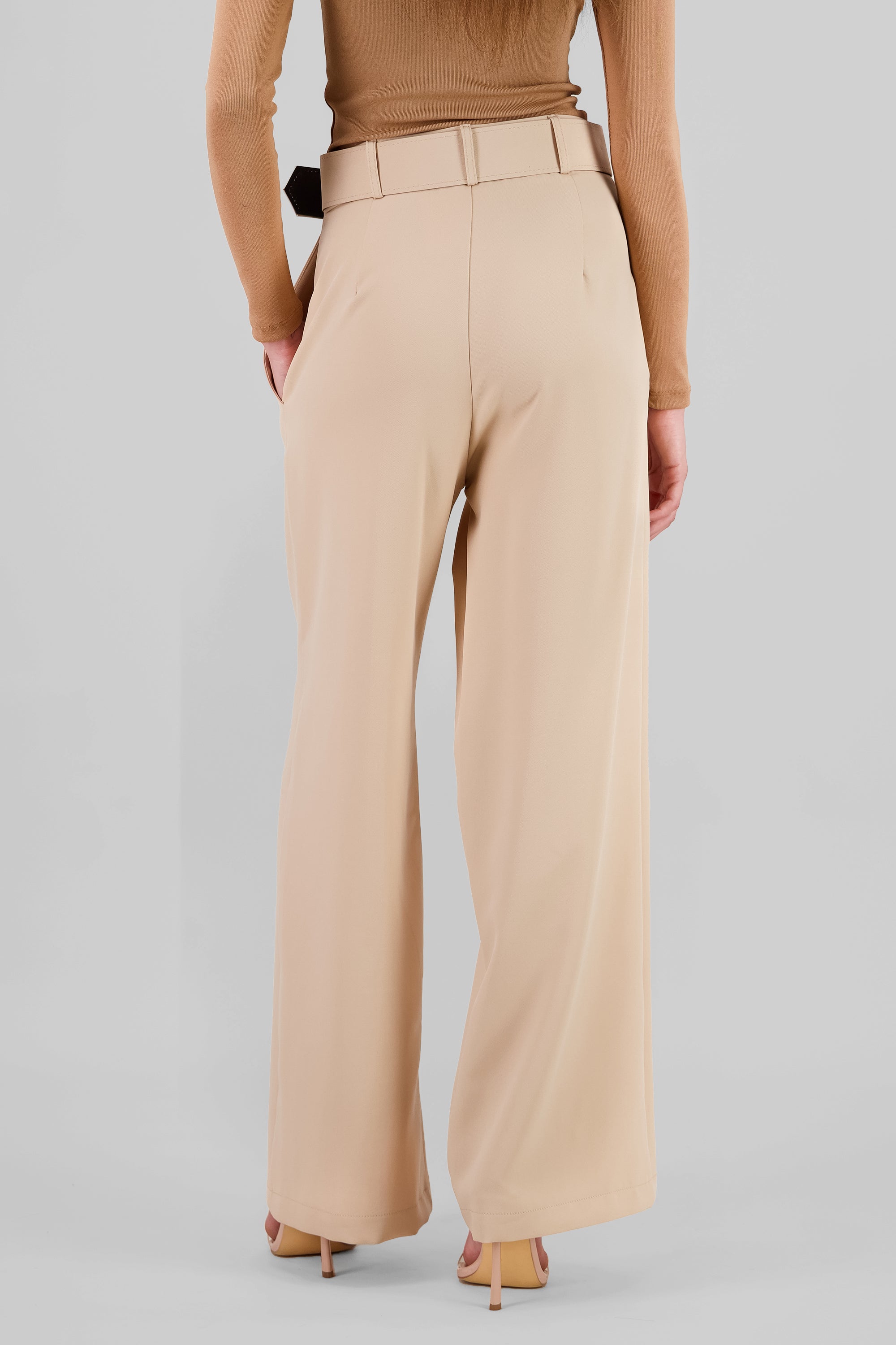 Basic Wide Leg Dress Pants With Belt KHAKI