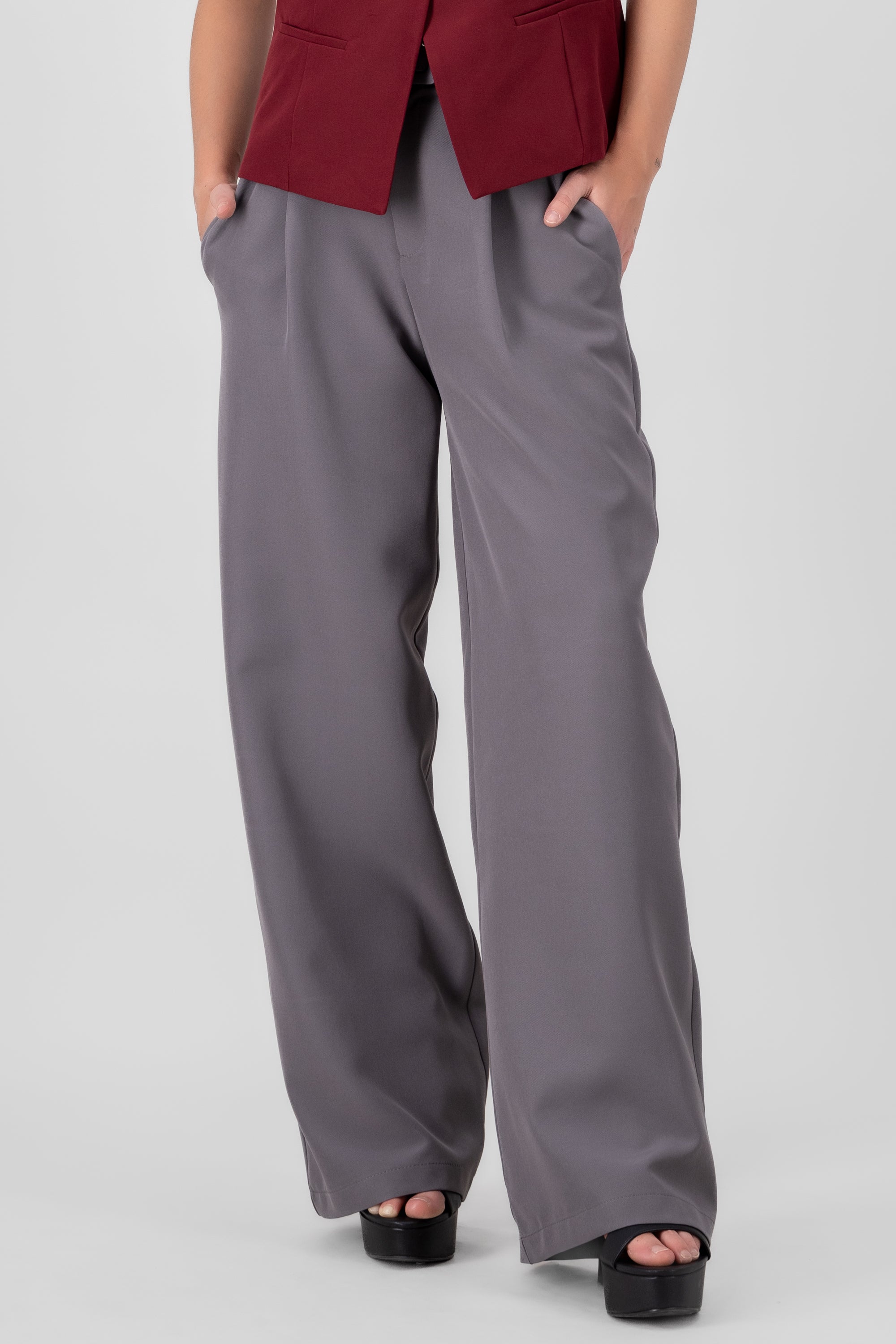 Basic Wide Leg Dress Pants With Belt GRAY