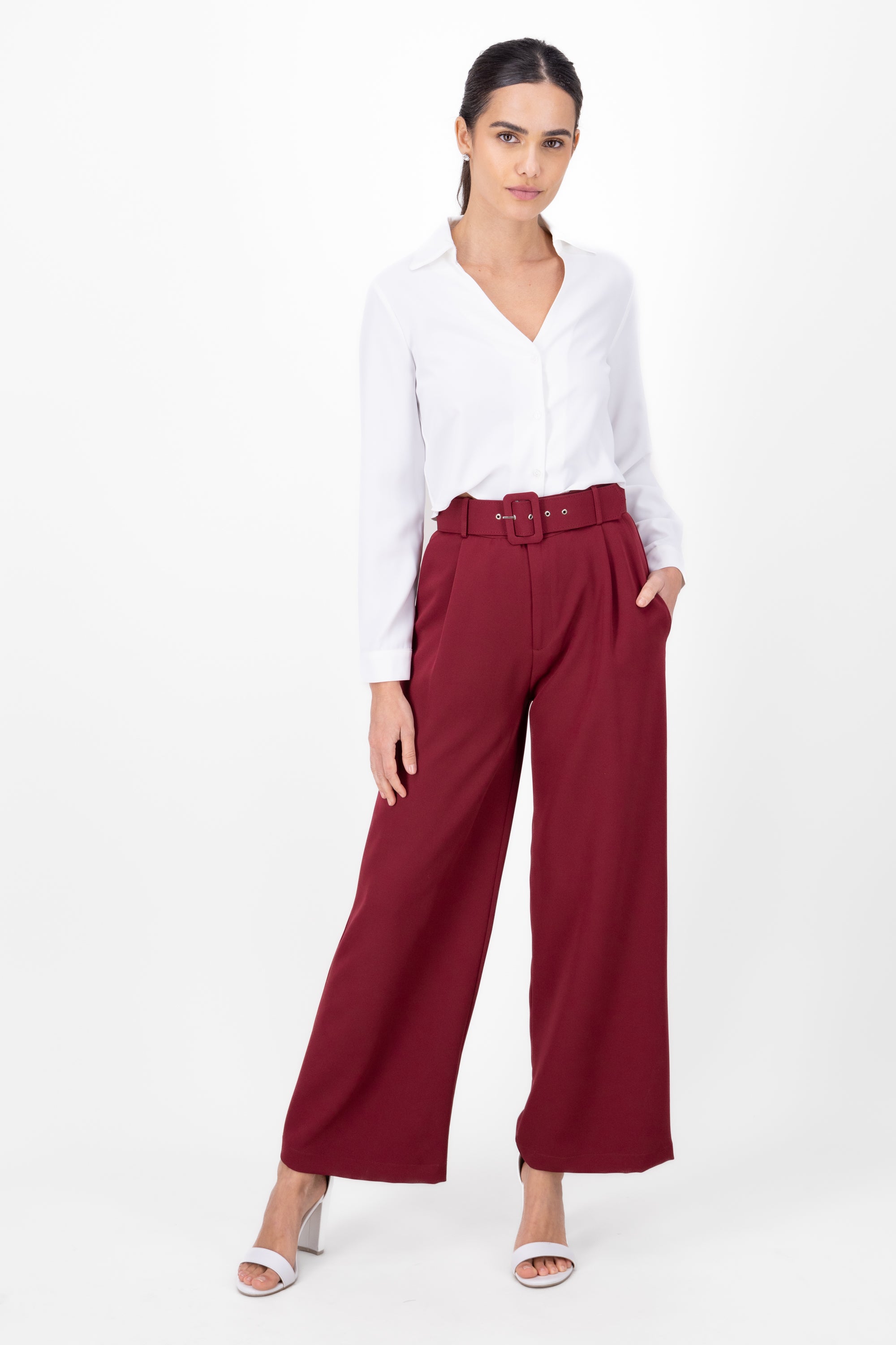 Basic Wide Leg Dress Pants With Belt BURGUNDY