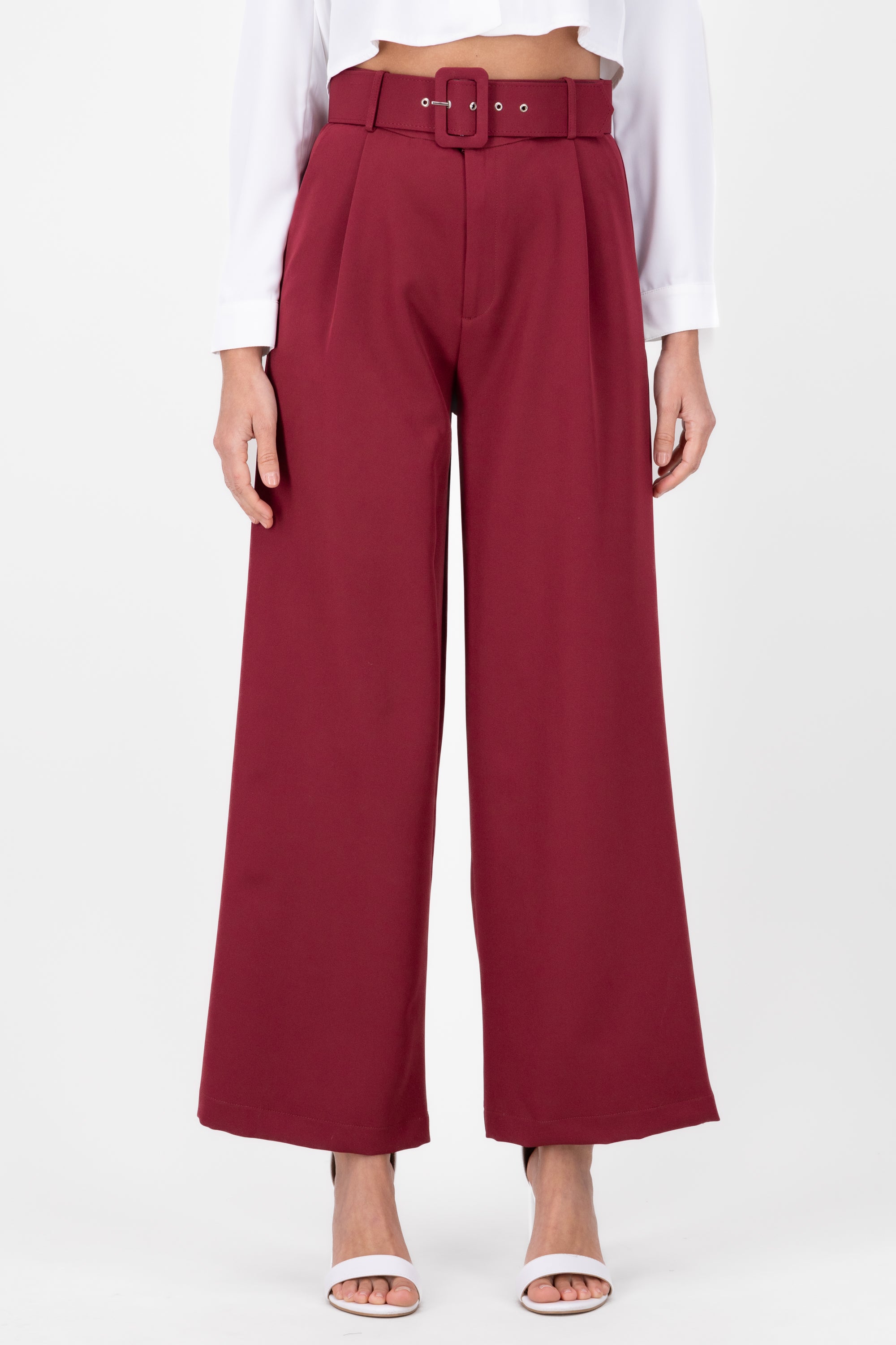 Basic Wide Leg Dress Pants With Belt BURGUNDY