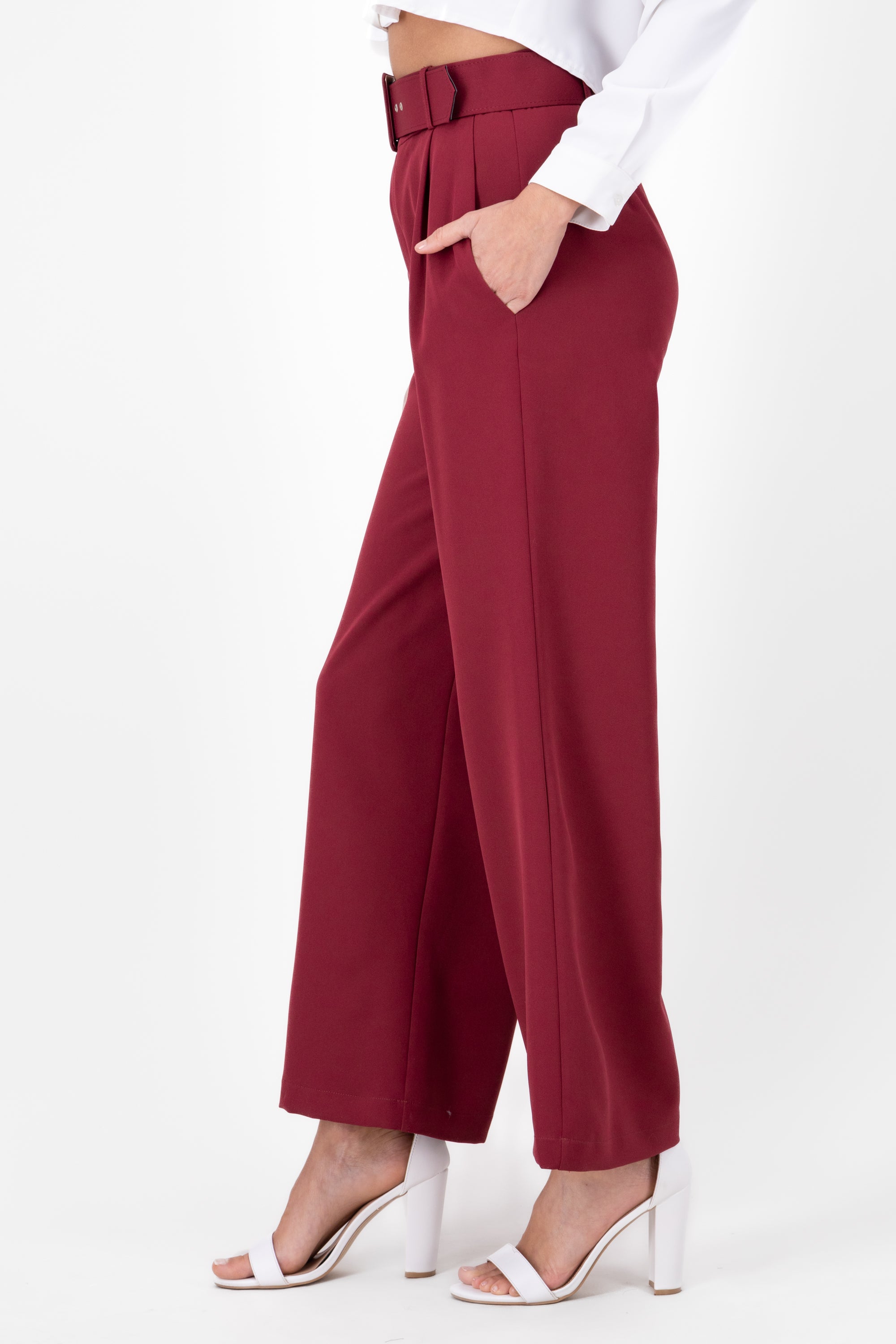 Basic Wide Leg Dress Pants With Belt BURGUNDY