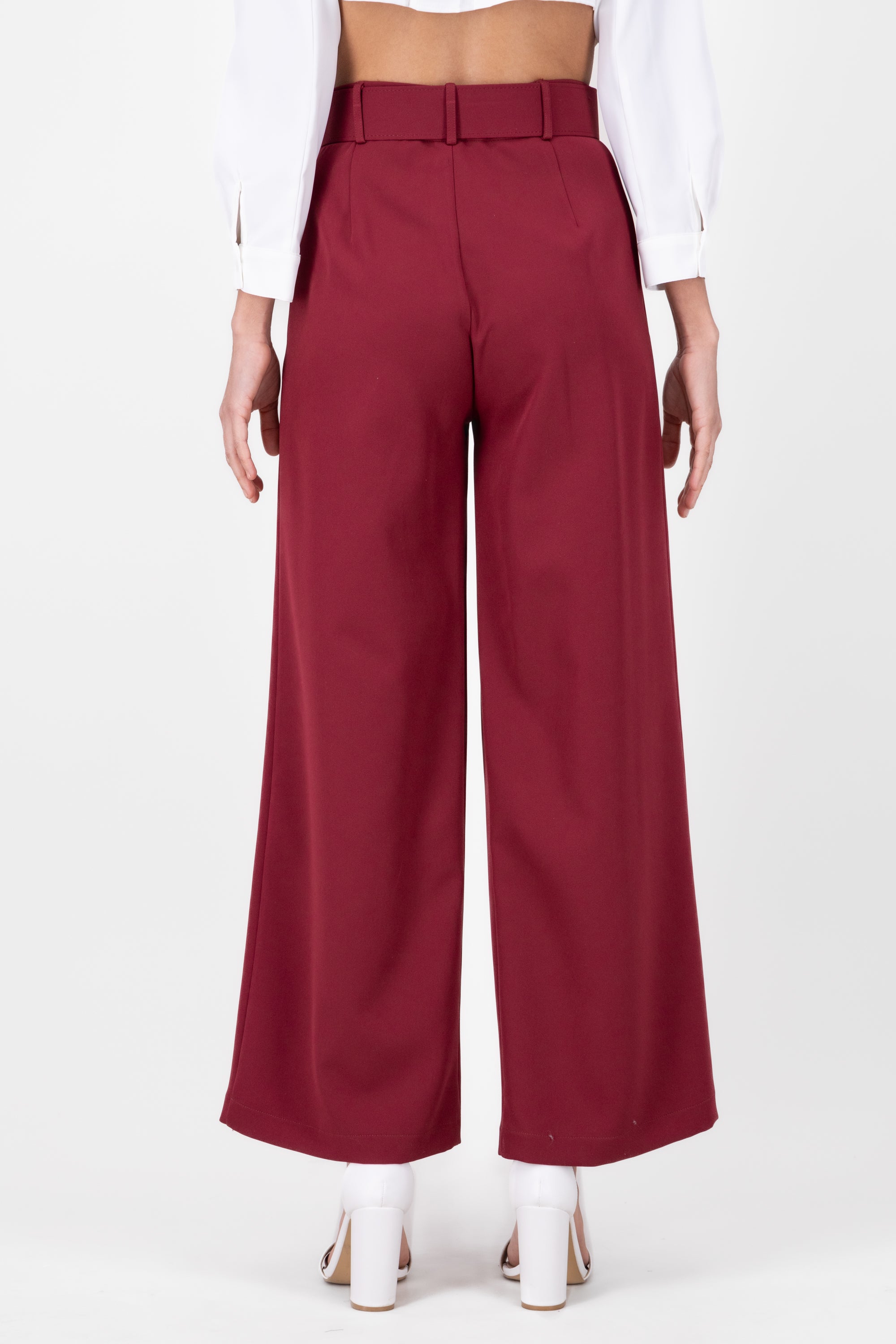 Basic Wide Leg Dress Pants With Belt BURGUNDY